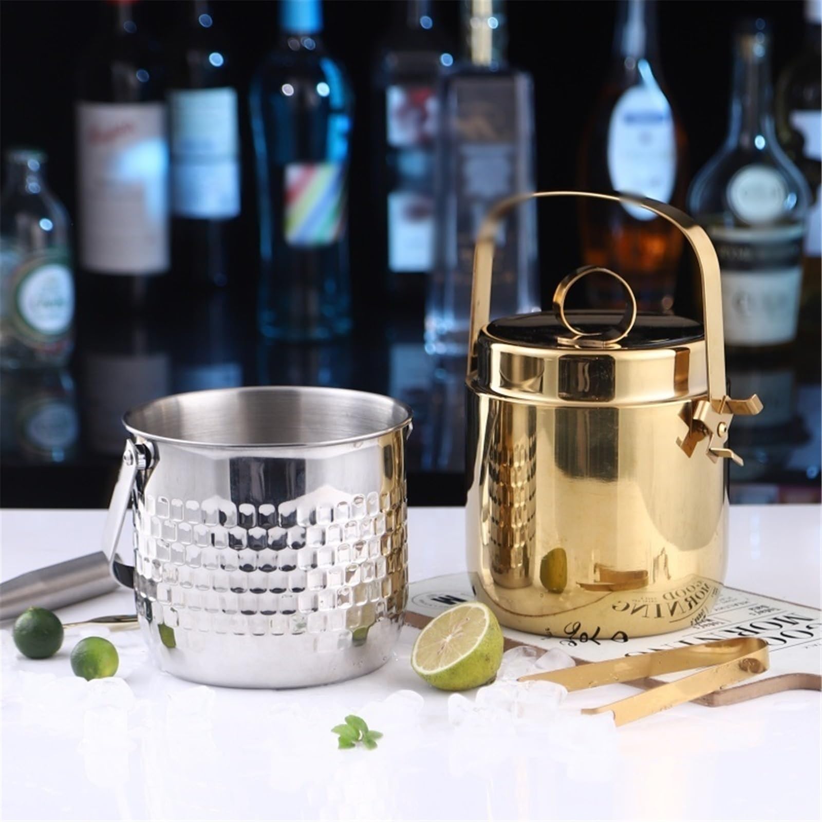 Cubitera Cubitera de Acero Inoxidable Doble Capa con Tapa y Pinzas for Hielo for Bar Fiestas Cubitera para Botellas(Rose Gold)