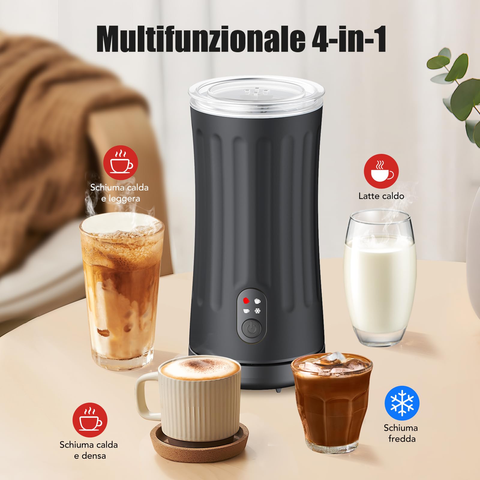 Ovetedot Montalatte Elettrico, Automatico 4 in 1 Cappuccinatore Elettrico, Schiuma di Latte Calda e Fredda, Montalatte Silenzioso per Caffè, Cappuccino, Macchiato, Cioccolata Calda, Nero Classico