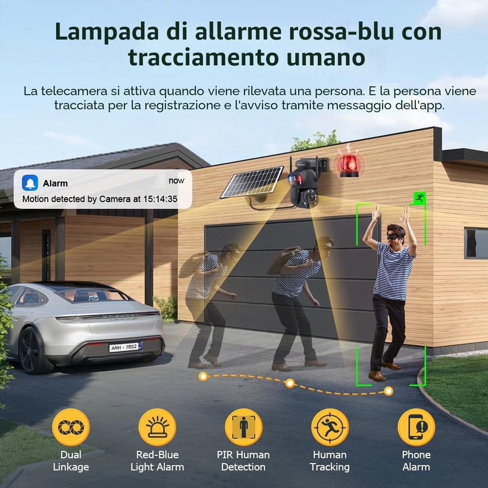 SHIWOJIA Telecamera con Sim 4G da Esterno 50X Zoom 360° PTZ Telecamera da Esterno 4G con Doppia Lente, Visione Notturna a Colori, PIR Rilevamento Intelligente