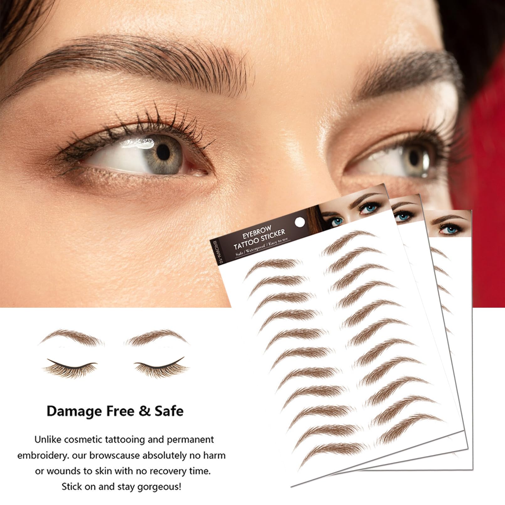 Brown Eyebrow Tattoo 66 Pairs (High Arched Eyebrows), Hair-Like Popular Fake Eyebrows Waterproof Lasting 4D Realistic Makeup Tattoo Arch Style,Eyebrow Transfer Stickers for Women Girls
