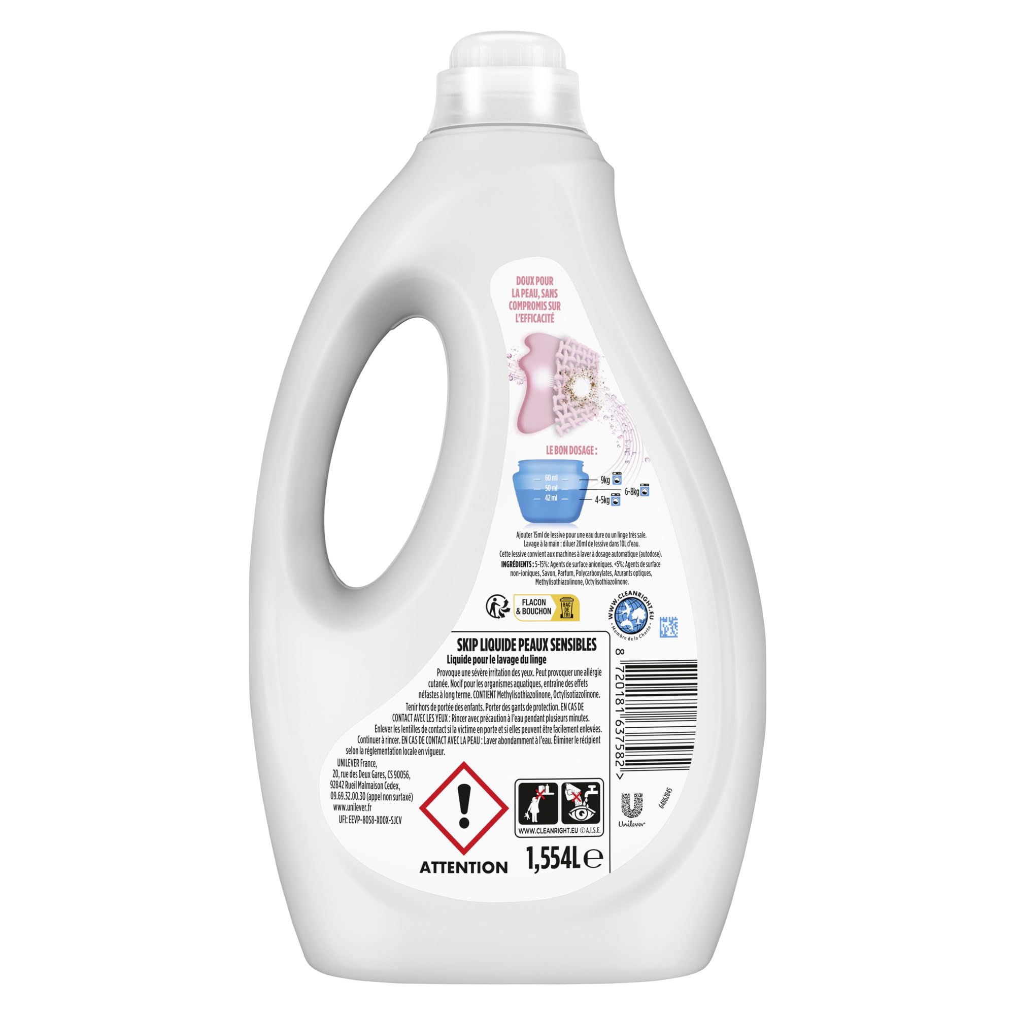 SKIP - Lessive Liquide Peaux Sensibles - Contre les taches tenaces - Parfum léger et agréable - Testée dermatologiquement - Lot de 5x37 lavages