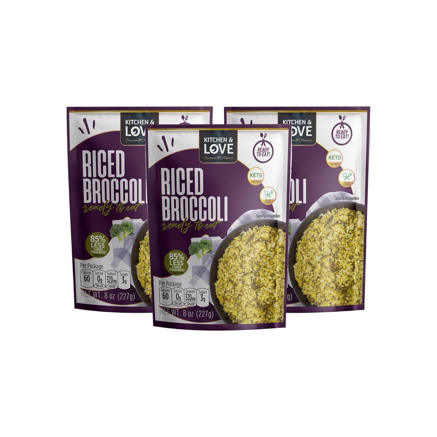 Kitchen &amp; Love Riced Broccoli 8 oz 3 Pack | Low Carb &amp; Calorie, Vegan, Ready to Eat Food, Shelf Stable Food, Plant-Based, Pasta &amp; Rice Alternative