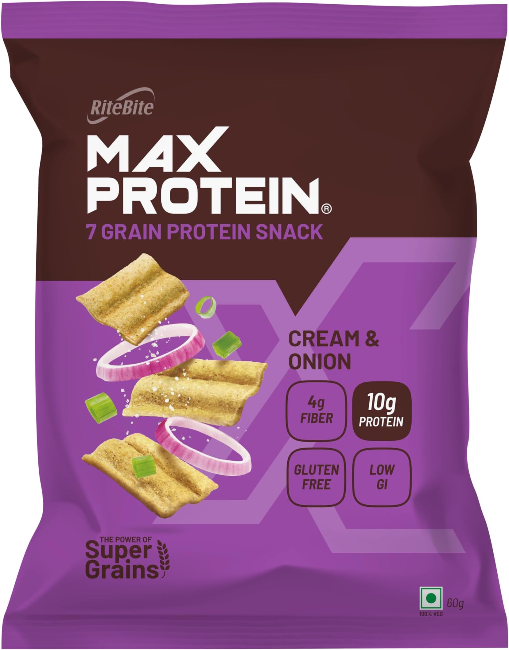 RiteBite Max Protein Chips Cream & Onion | With 20g Protein, 8g Fiber, Low Gi, Gluten Free, Made with Sorghum, Quinoa, Oats, Ragi | No Preservatives, 100% Vegetarian, 60g
