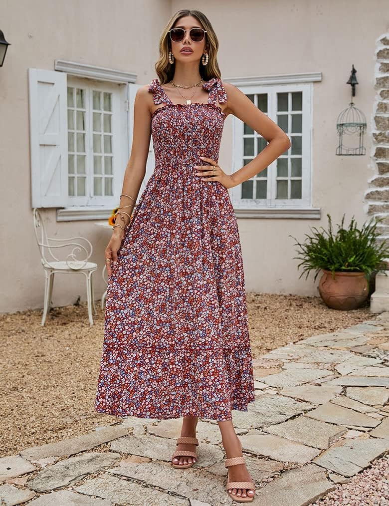 Tobrief Women's Boho Dress Summer Spaghetti Strap Square Neck Flowy Ruffle Beach Long Maxi Dress - Image 3