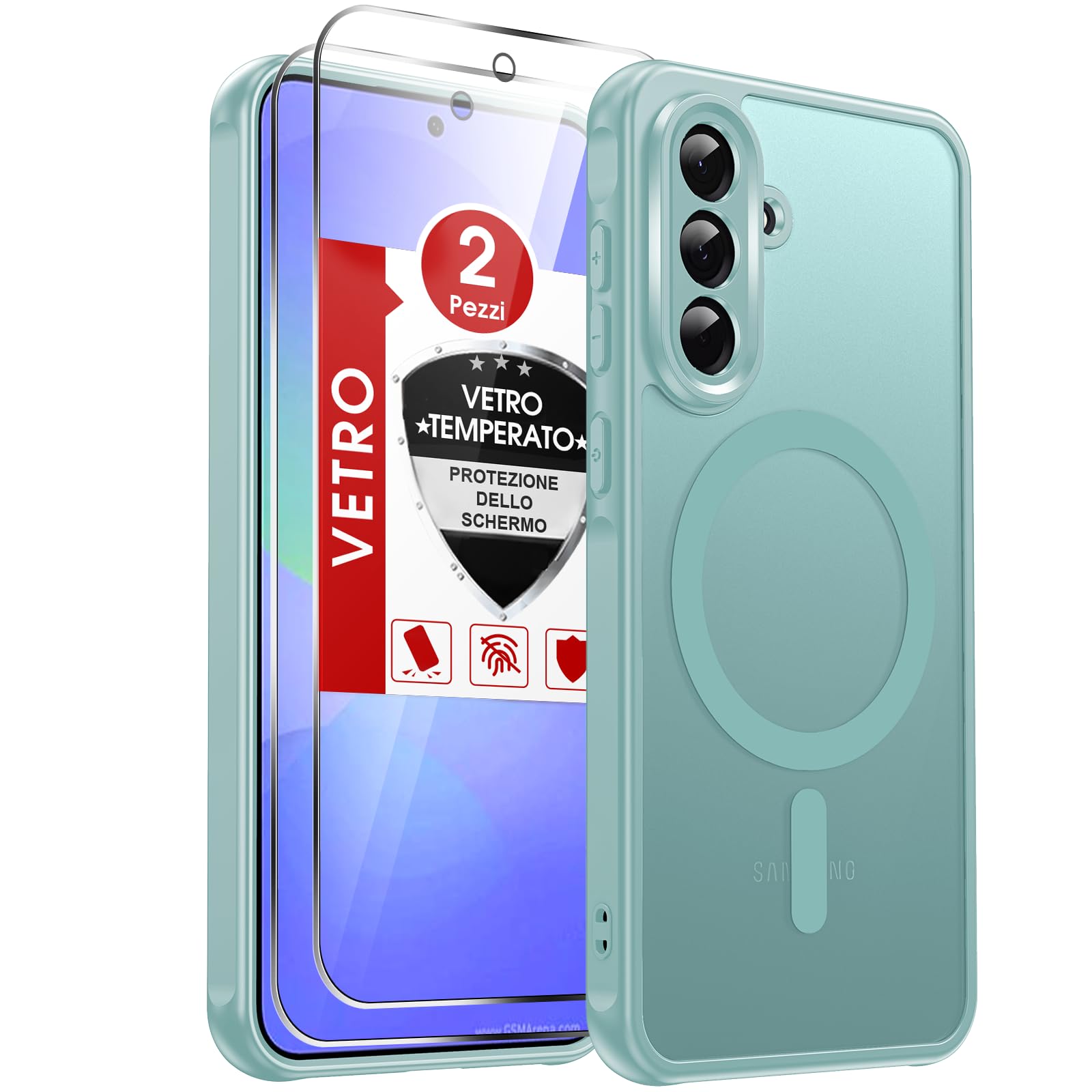 LeYi Cover Magnetica per Samsung Galaxy A36 5G con 2 Pezzi Vetro Temperato, Custodia per A 36 Traslucida Opaca Anti-Impronte Resistente ai Graffi Paraurti in TPU Antiurto Protettiva Case， Verde chiaro