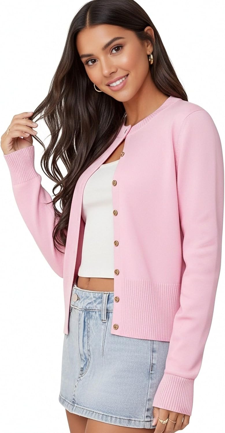 GRACE KARIN Women's Lightweight Spring Cardigan, Long Sleeve Knit Crop Sweater Trendy, Button Open Front Crewneck Jacket - Image 2