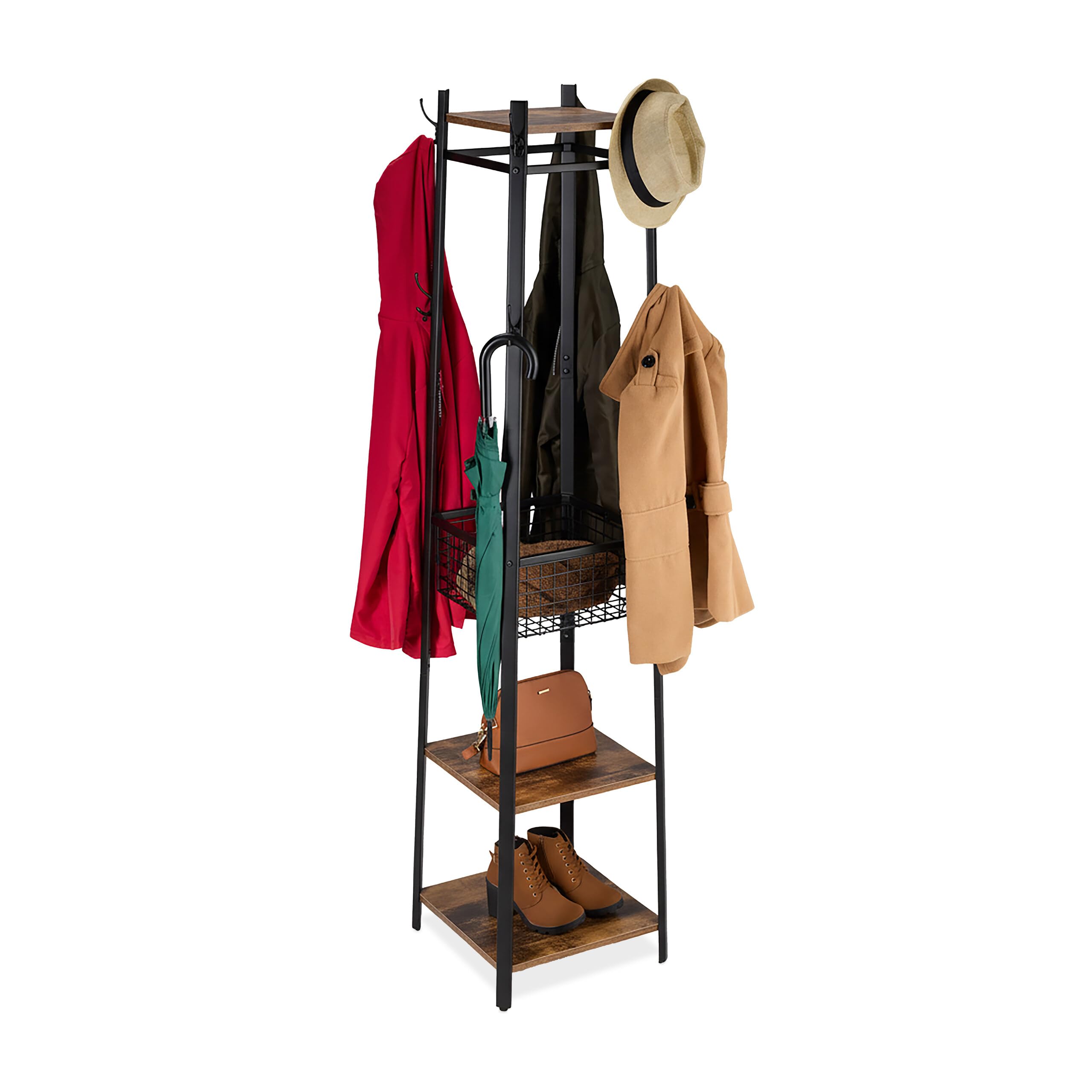 Relaxdays Appendiabiti, 3 Ripiani e 8 Ganci, HLP 181x43x43 cm, con Cesto, Ingresso, Metallo, Nero