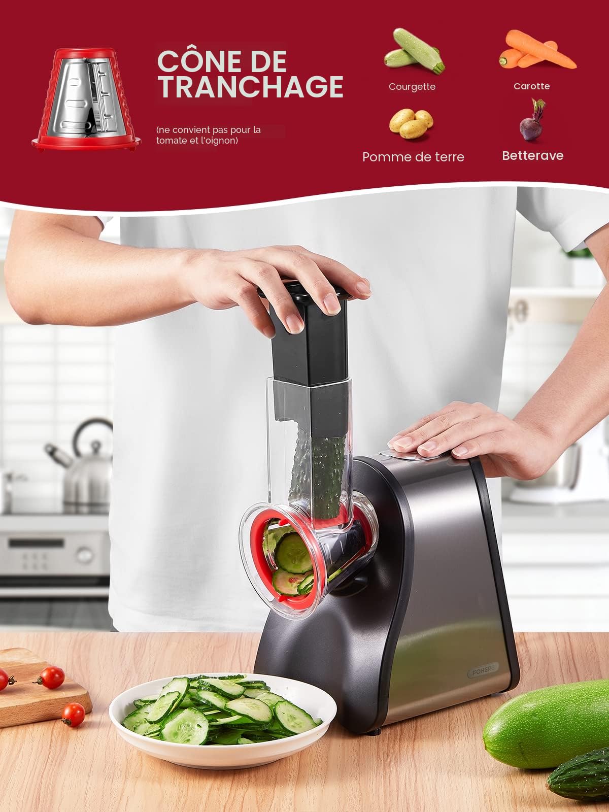 FOHERE 4 en 1 Râpe a Légumes Électrique, Découpe légumes électrique 200W Râpe Carottes Hachoir Électrique pour Fromage, Carottes, Pommes de Terre, Concombres, Argent