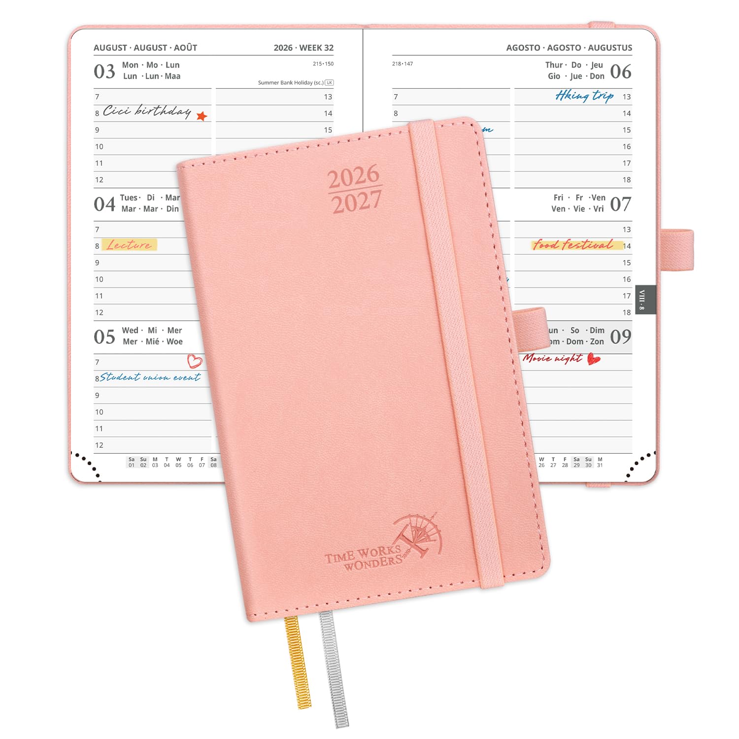 POPRUN 2026-2027 A6 Academic Pocket Diary Week to View Small PU Leather Cover (16x10.5 cm) 17 Months (Aug'26 - Dec'27), 26/27 Mid Year Weekly Planner(Pink)