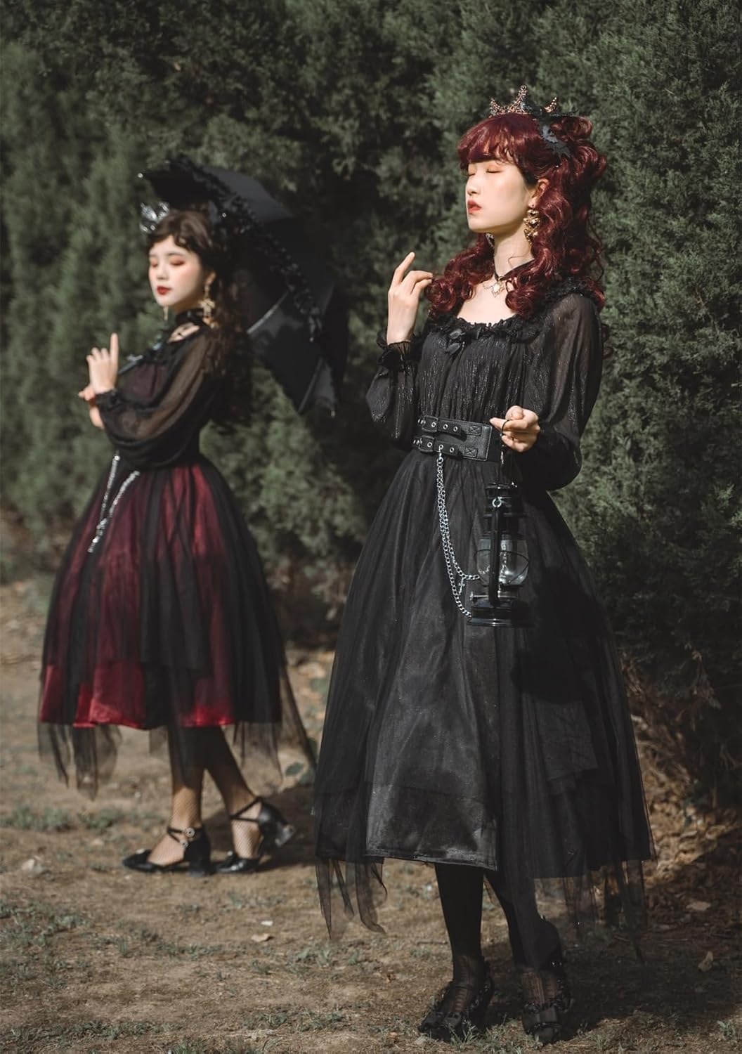 URAWESO Vintage Parasol Gothic Lolita Umbrella with Hook Handle UV Sun Protection Victorian Kawaii Vampire Witch Halloween Cosplay Party Decor