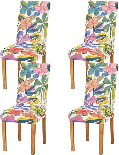 Juego de 4 fundas decorativas coloridas para sillas de comedor con flores hawaianas para reuniones familiares, suaves y resistentes a las manchas,