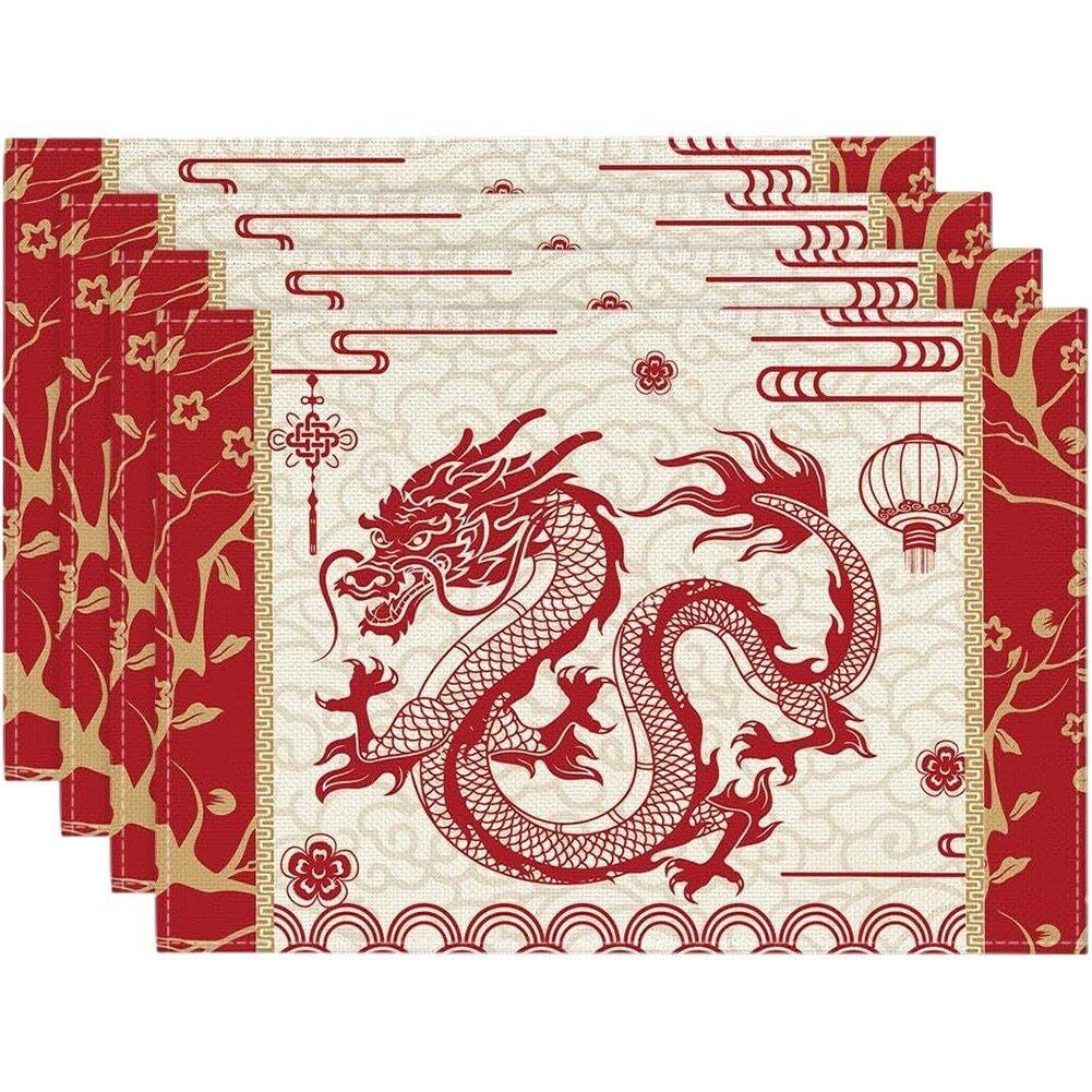 Danlai Style2 4Pcs Chinese Zodiac Dragon Pattern Placemats 30 * 45Cm Linen Dining Table Mats For New Year Party Dining Table
