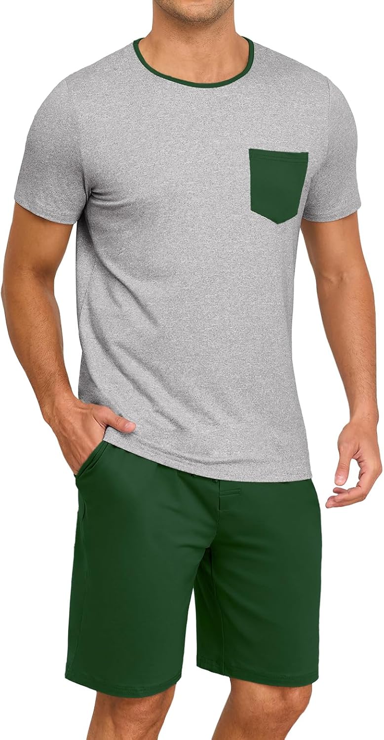 PrinStory Mens Summer Pajamas Set Lightweight Pjs Sets Short Sleeve Pajama Shorts Set Soft Sleepwear Loungewear with Pockets