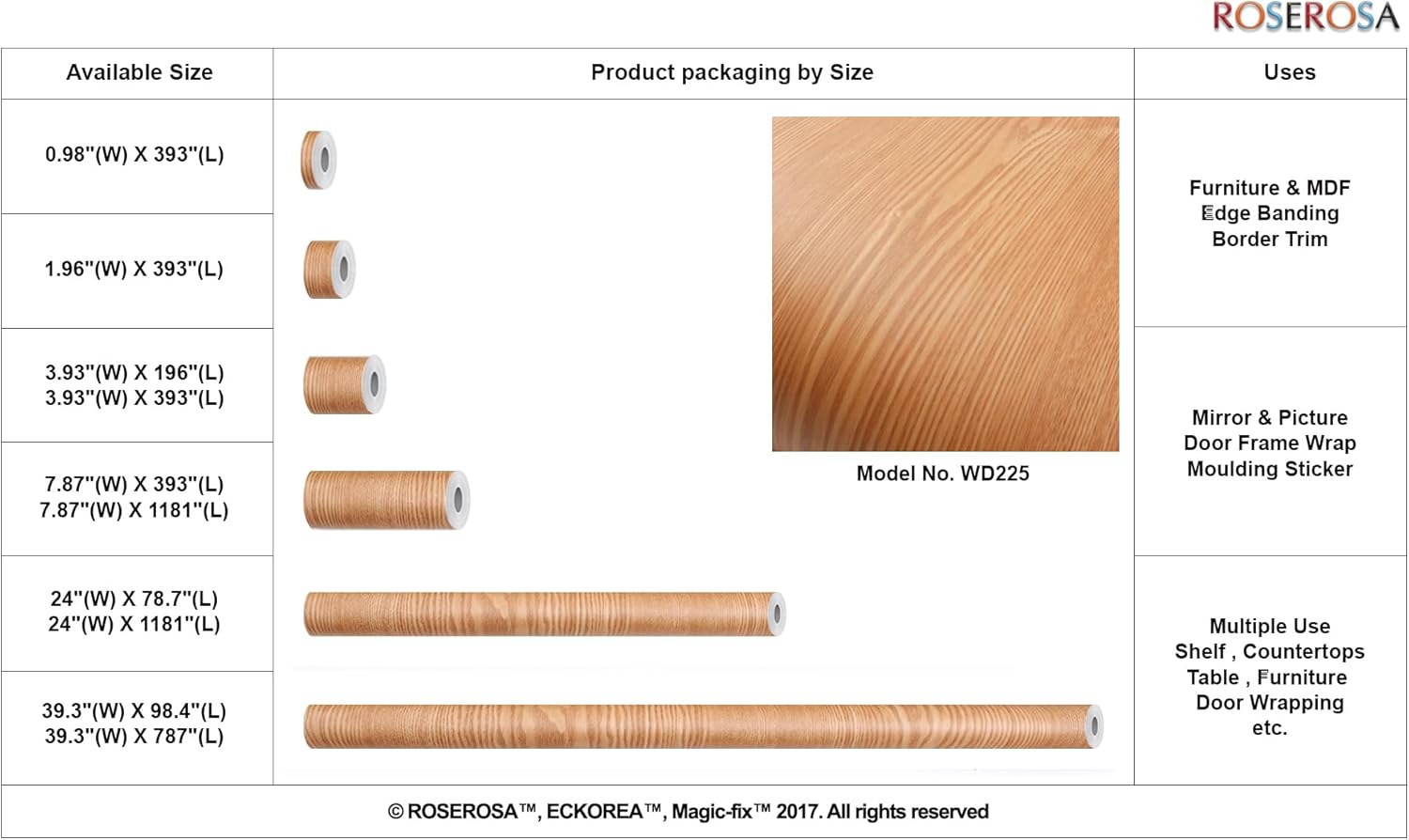 ROSEROSA Peel and Stick Faux Oak Wood Architectural Film Self-Adhesive Vinyl Film Wallpaper Door Wrap Counter Top Border Mirror Molding Trim WD225