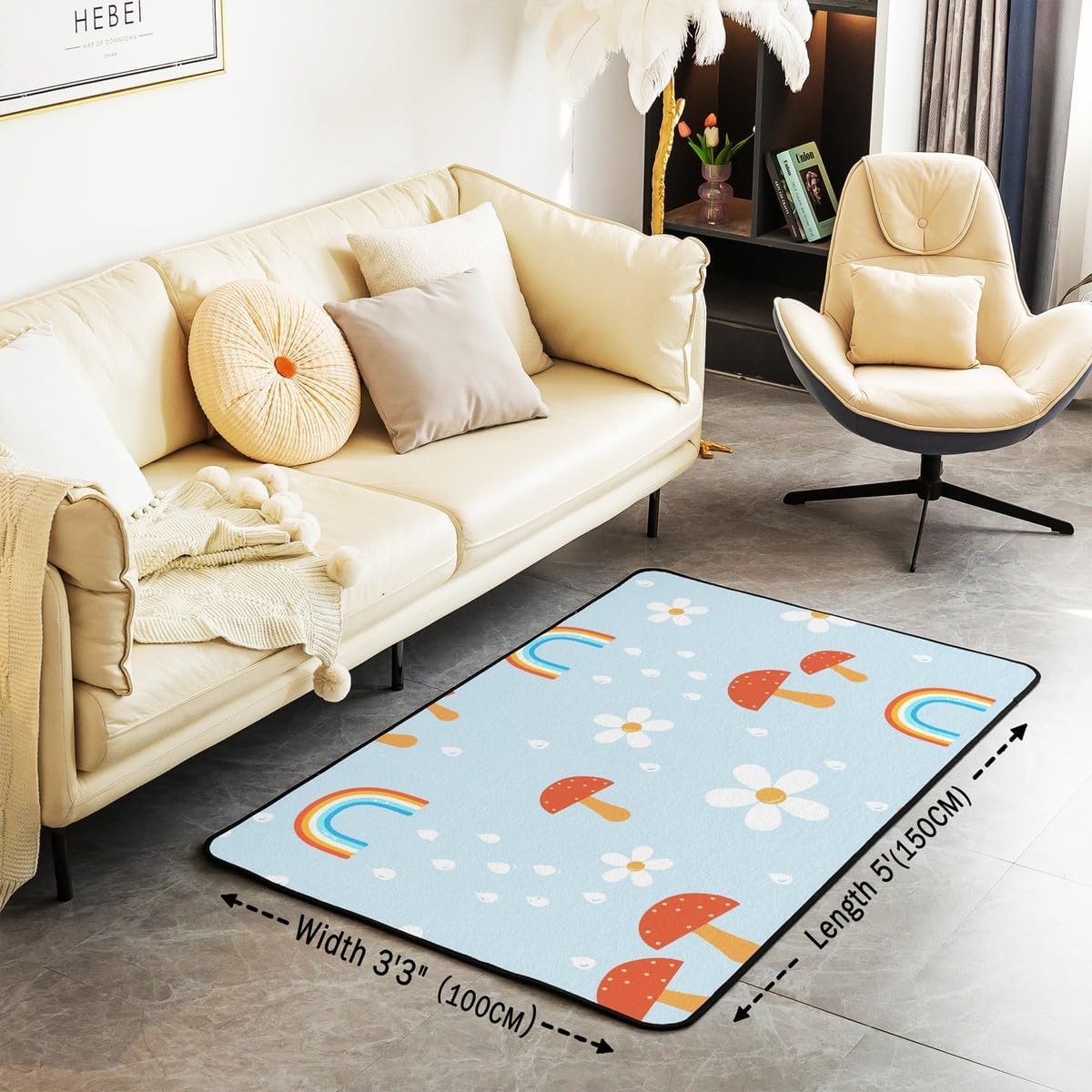 Cartoon Mushroom Area Rug 3x5 Cute Hand Drawn Flower Rug for Girls Boys Kids Adult Colorful Rainbow Carpet for Living Room Boho Hippie Plant Non Slip Washable Decorative Rug