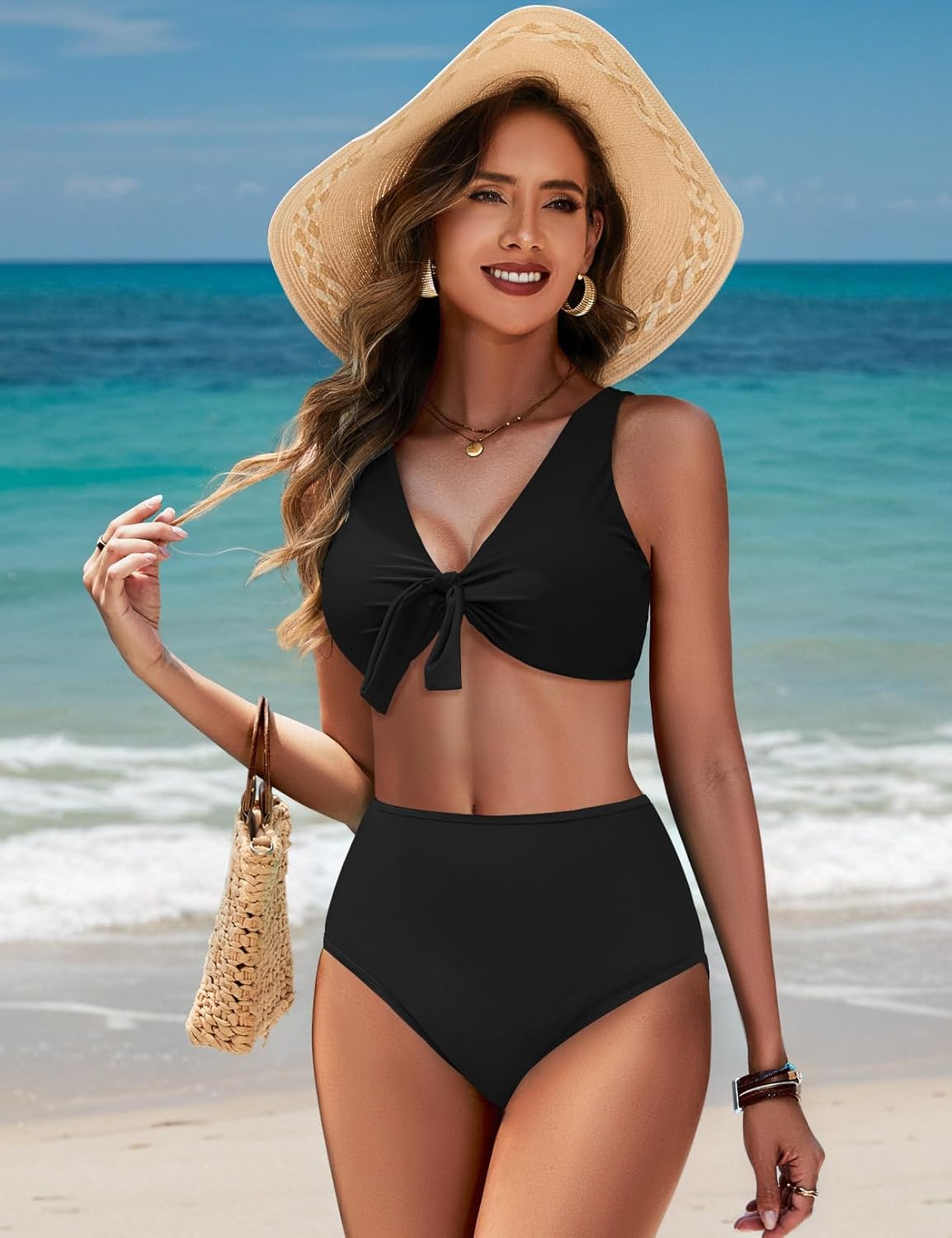 Womens High Waisted Bikini Set Knot Front Two Piece Swimsuit V Neck Bathing Suit Swimwear - Image 4