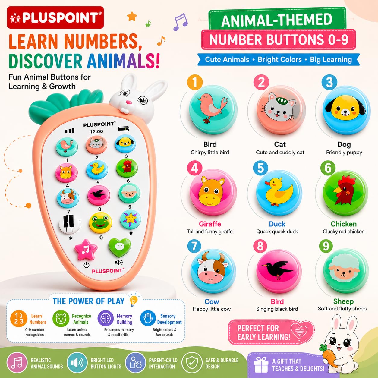 PLUSPOINT Rabbit Bunny Toy Phone for Toddlers | Carrot Style Musical Mobile with Animal Sounds, Songs & Flashing Lights | Pretend Play Educational Learning Toy | Birthday Return Gift for Boys & Girls 4