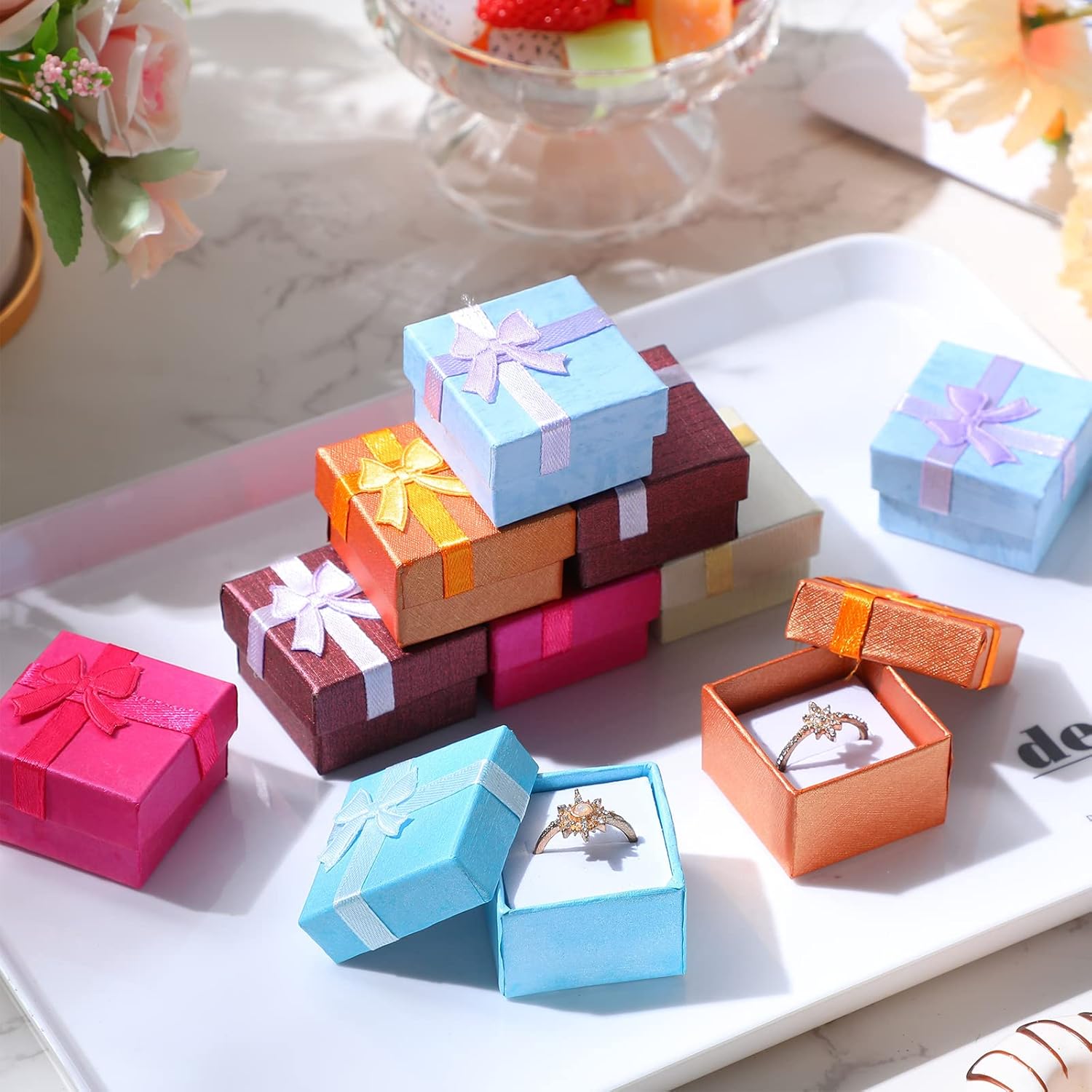 Bucherry 72 Pcs Ring Boxes 1.6 x 1.6 In Hard Cardboard Jewelry Box with Ribbon Bow Small Jewelry Gift Cases for Small Business(Elegant Color)