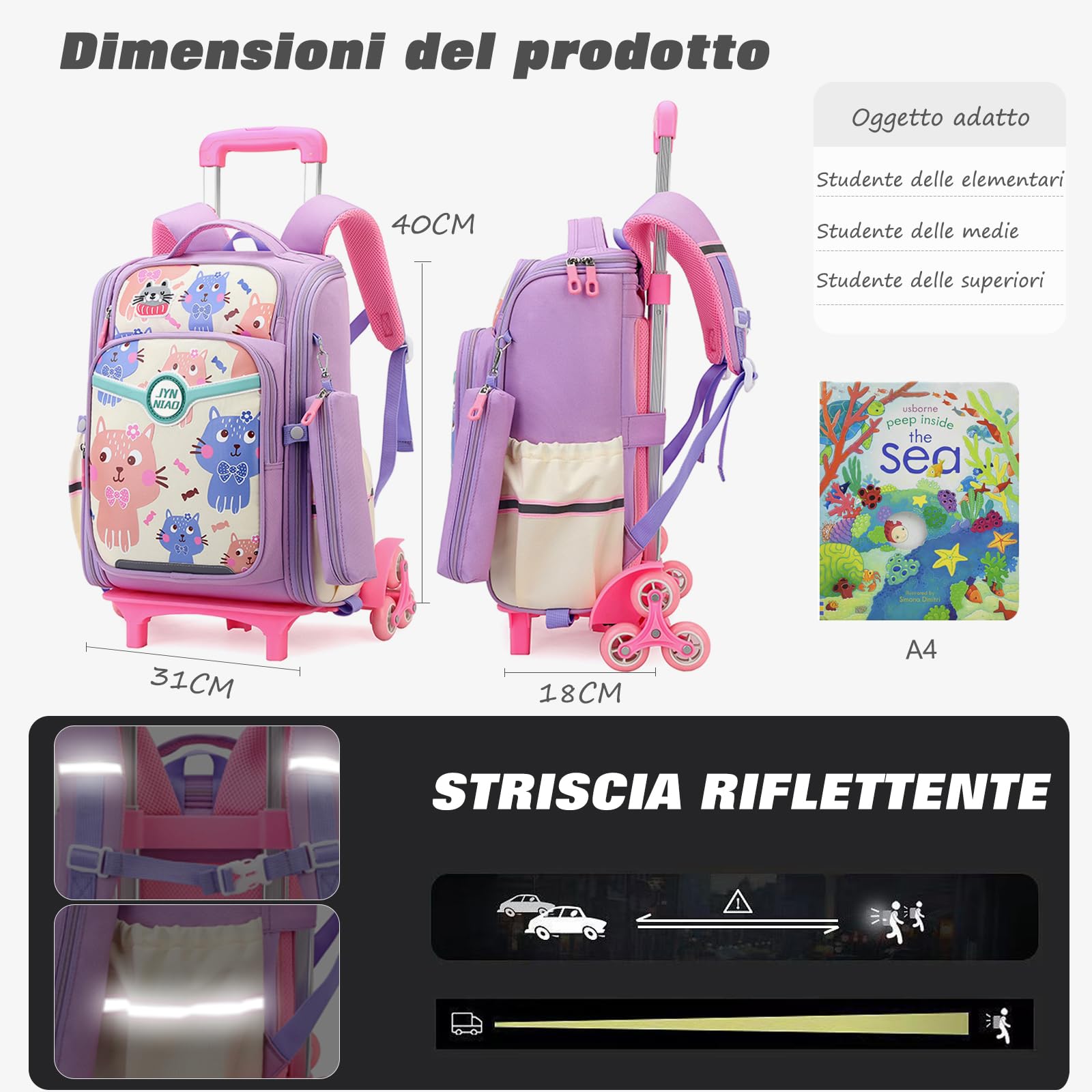 FANDARE 2-in-1 Zaino trolley Zainetti per bambini stampa cartoon scolastico
