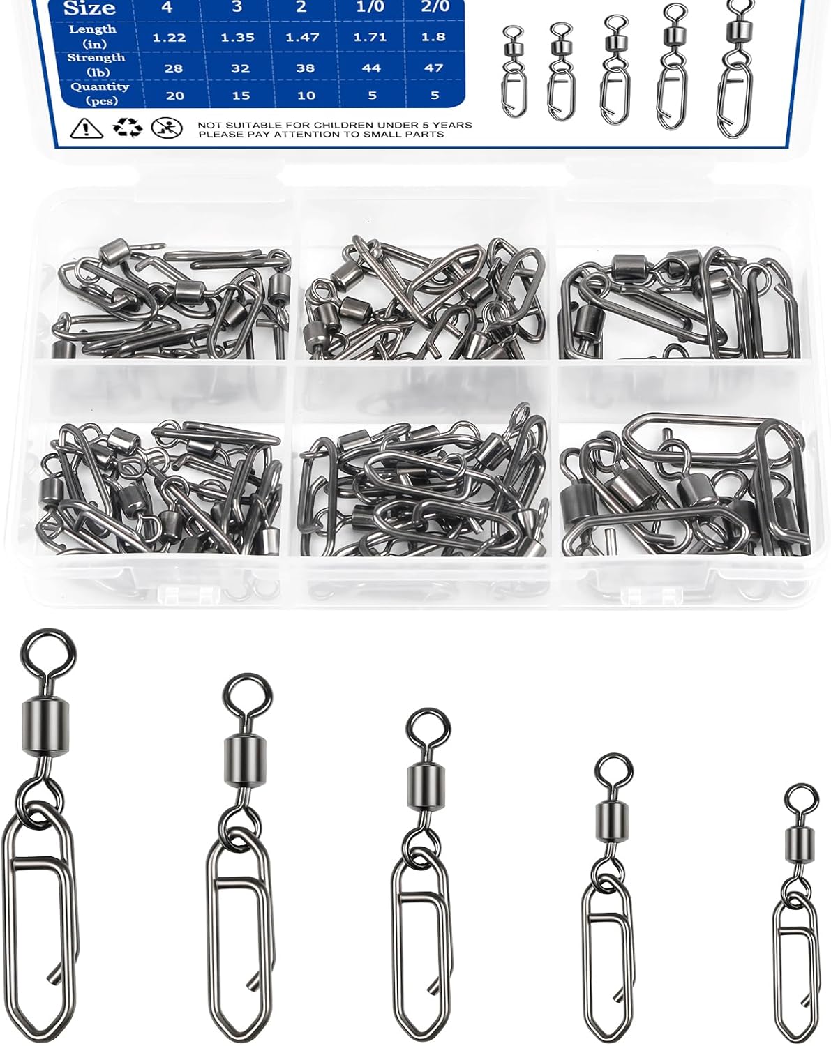 55Pcs High Strength Fishing Swivels, Stainless Steel Speed Clips with Barrel Swivels, Saltwater/Freshwater Snaps Swivel Change Quick Clips Snap Black Nickel