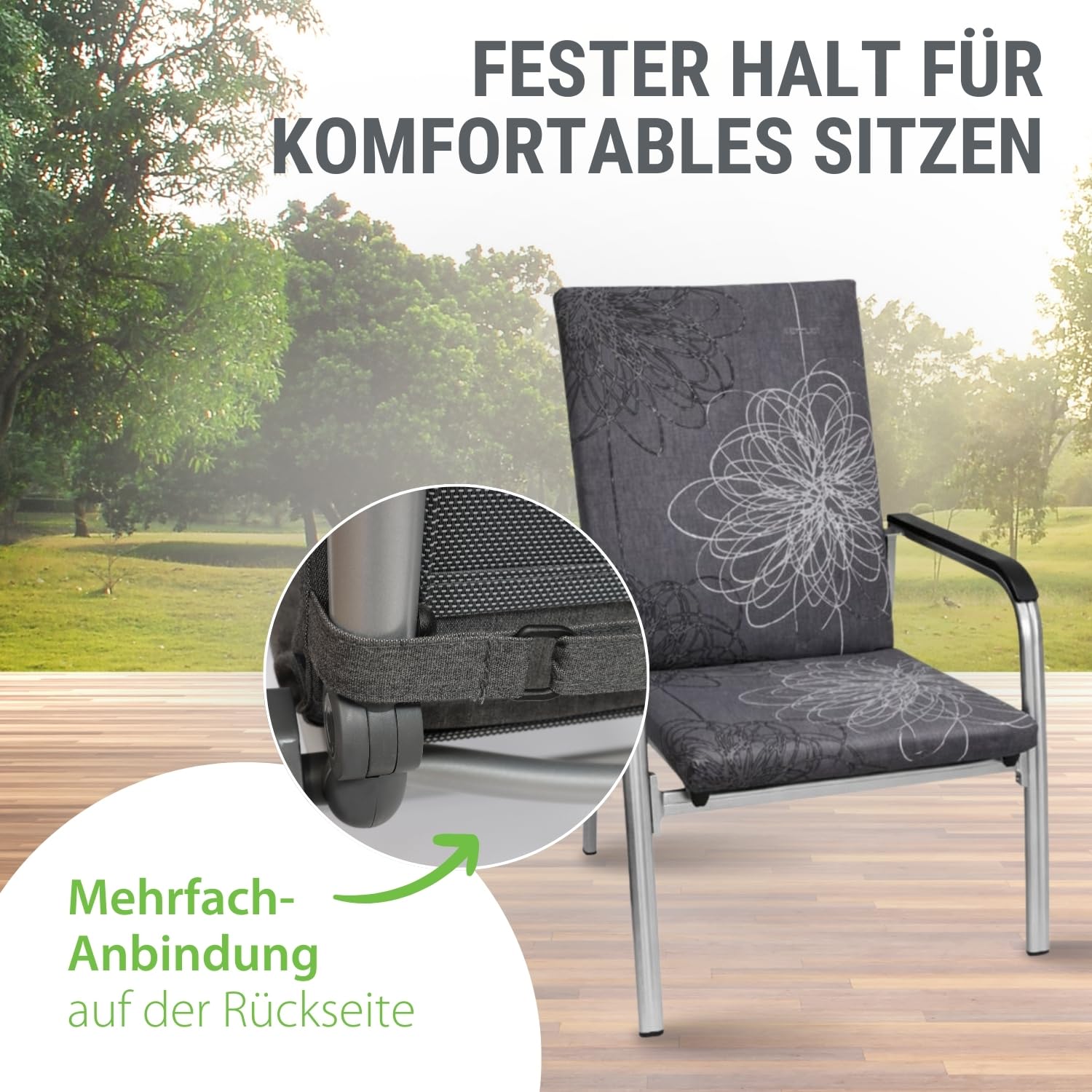 Auflage Mittellehner anthrazit floral I Gartenstuhl Polster 109x50x4cm I hochwertige und Pflegeleichte Sesselauflage I Wetter- und formbeständige Stuhlauflage I KTH2 Sitzauflage