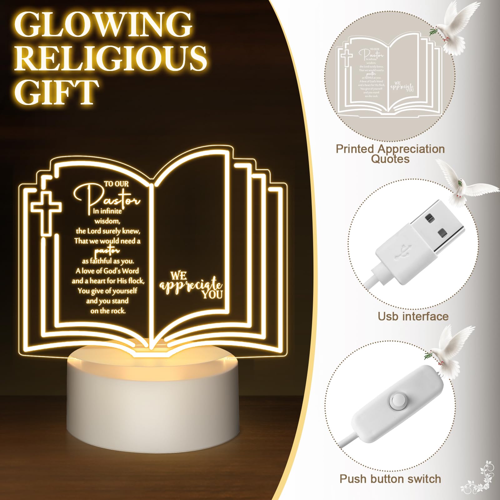 Kosiz 1 Pcs Pastor Appreciation Gifts LED Night Light Fathers Day Pastors Gift for Men Women Acrylic Clergy Lamp with Base Bible Verse for Father Church Christian Birthday Anniversary Graduation