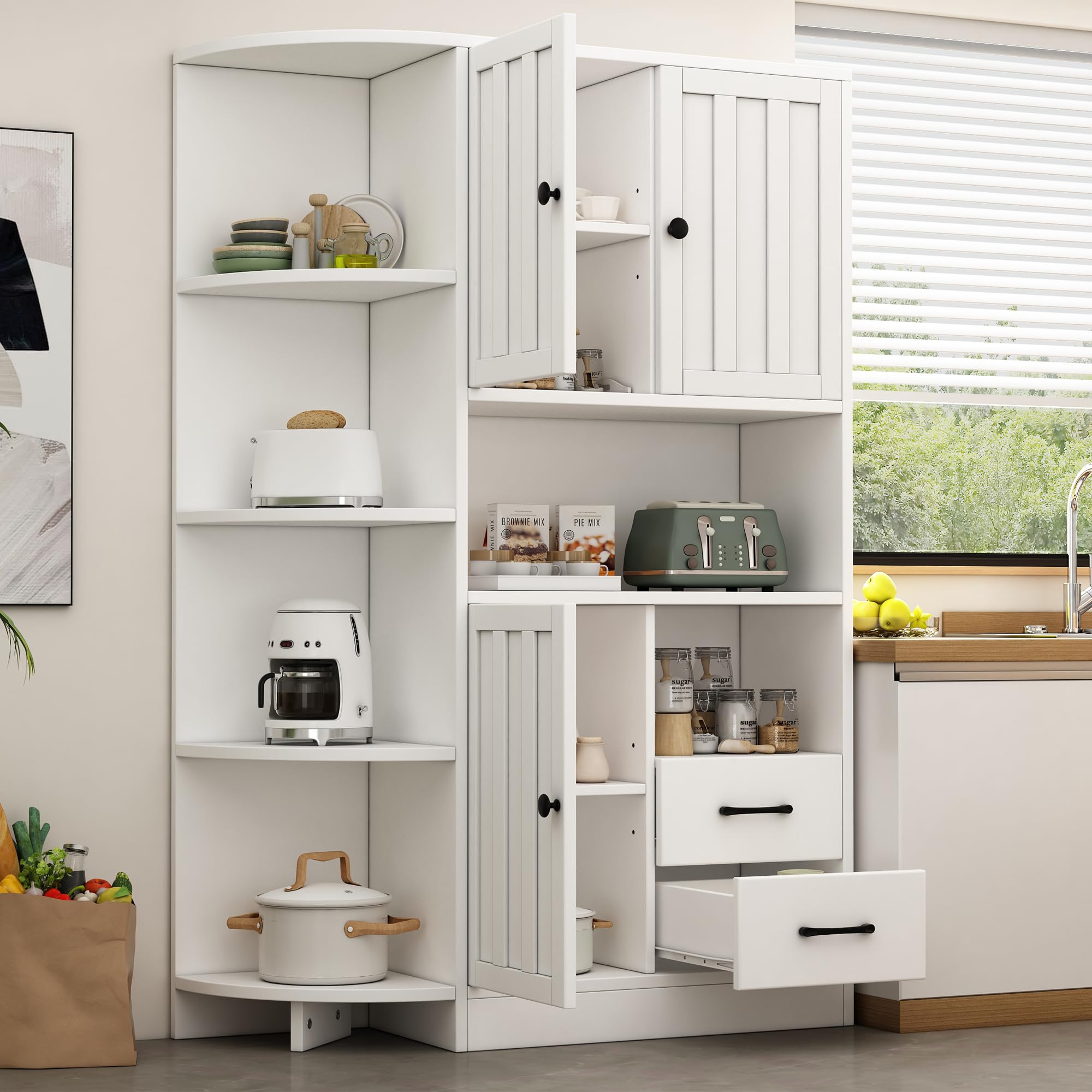 104 x 35 x 155 cm, armario de esquina con 3 armarios + 2 cajones, estanterías de salón, armarios altos y highboard con un total de 14 áreas de almacenamiento, estanterías, aparador, color blanco