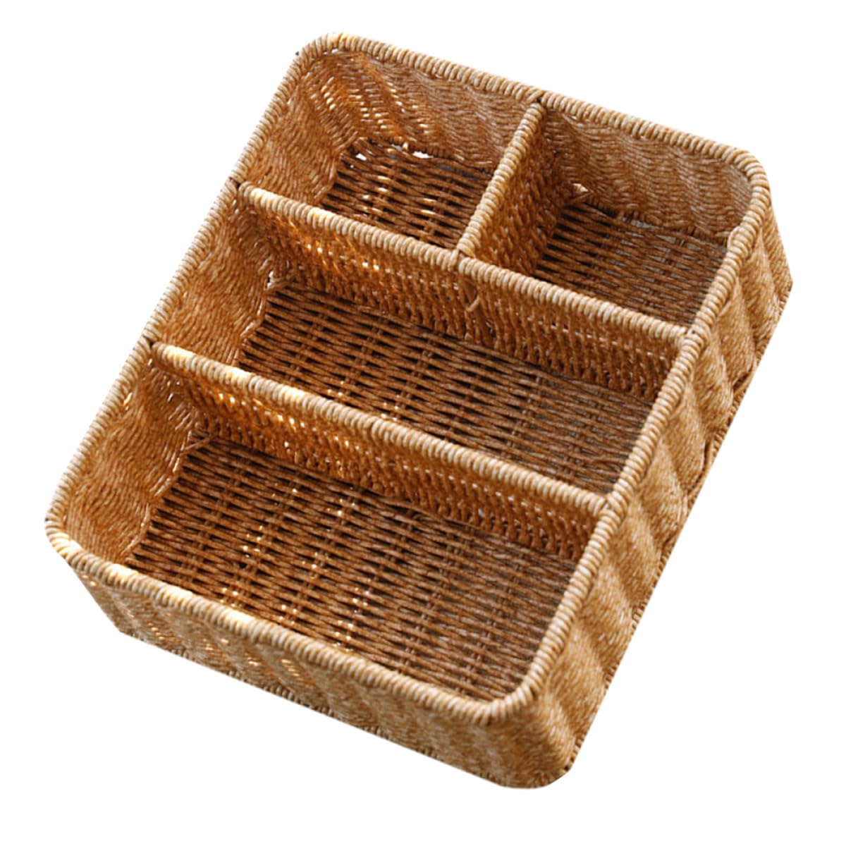 Organiseur de bureau polyvalent kaki en rotin tressé pour trier maquillage et petits objets