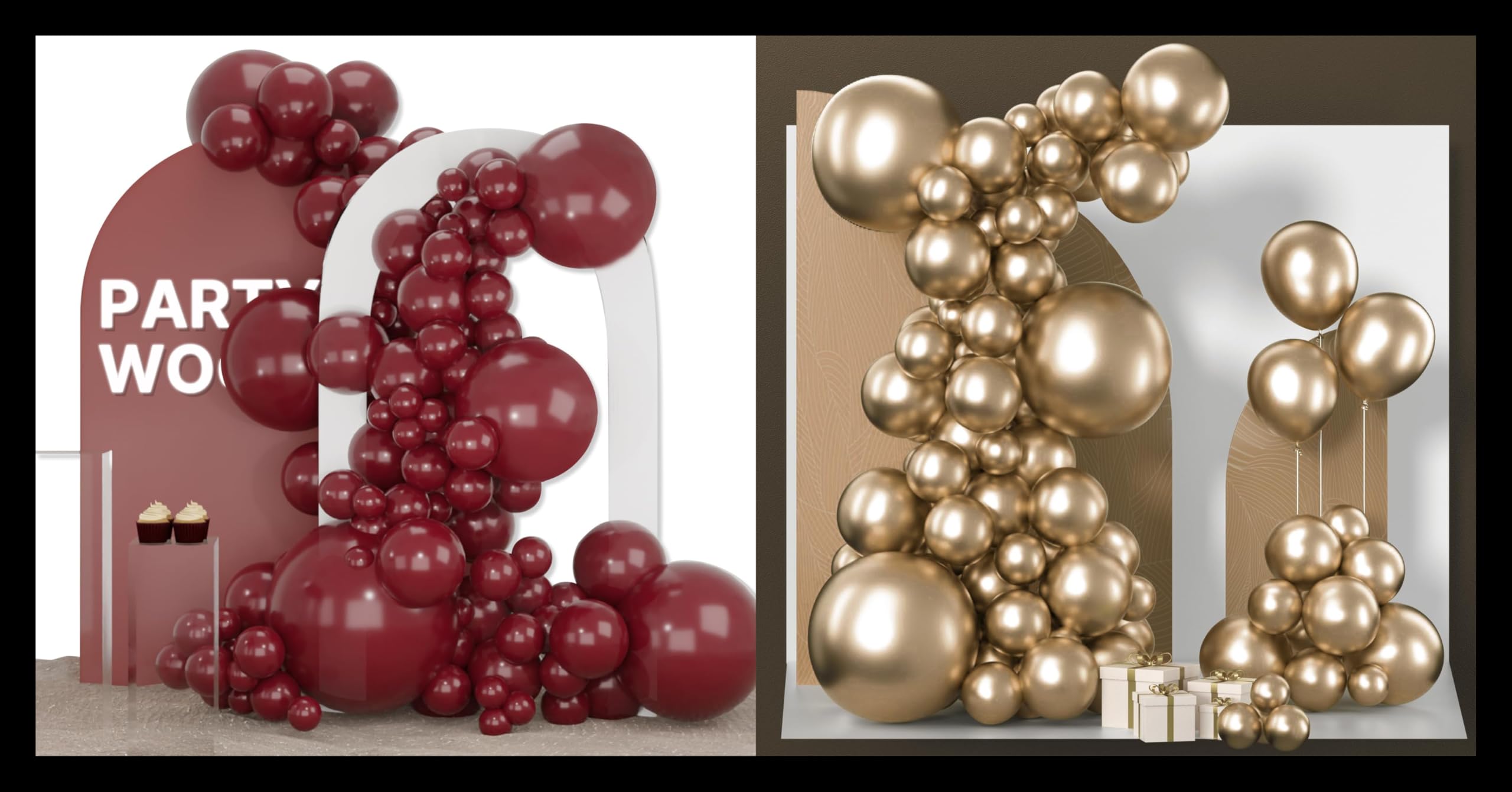 PartyWoo Burgundy Balloons 127 pcs and PartyWoo Chrome Gold Balloons 100 pcs