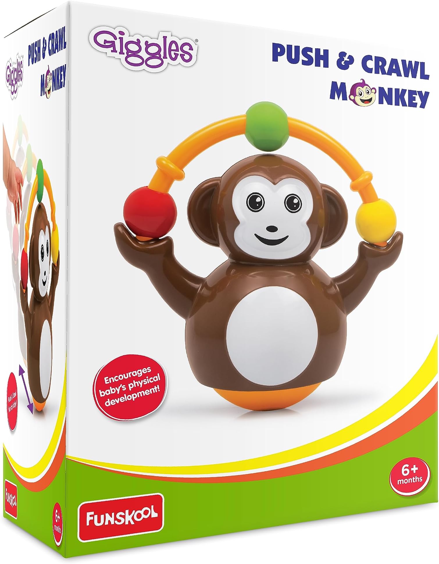 Giggles Funskool Push N Crawl Monkey, Activity & Learning Toy for Babies, Toddlers, for Baby Boys & Girls, Encourage Crawling, Improve Balance, Multicolour, Gift Set for Kids, Ages 6+ Months