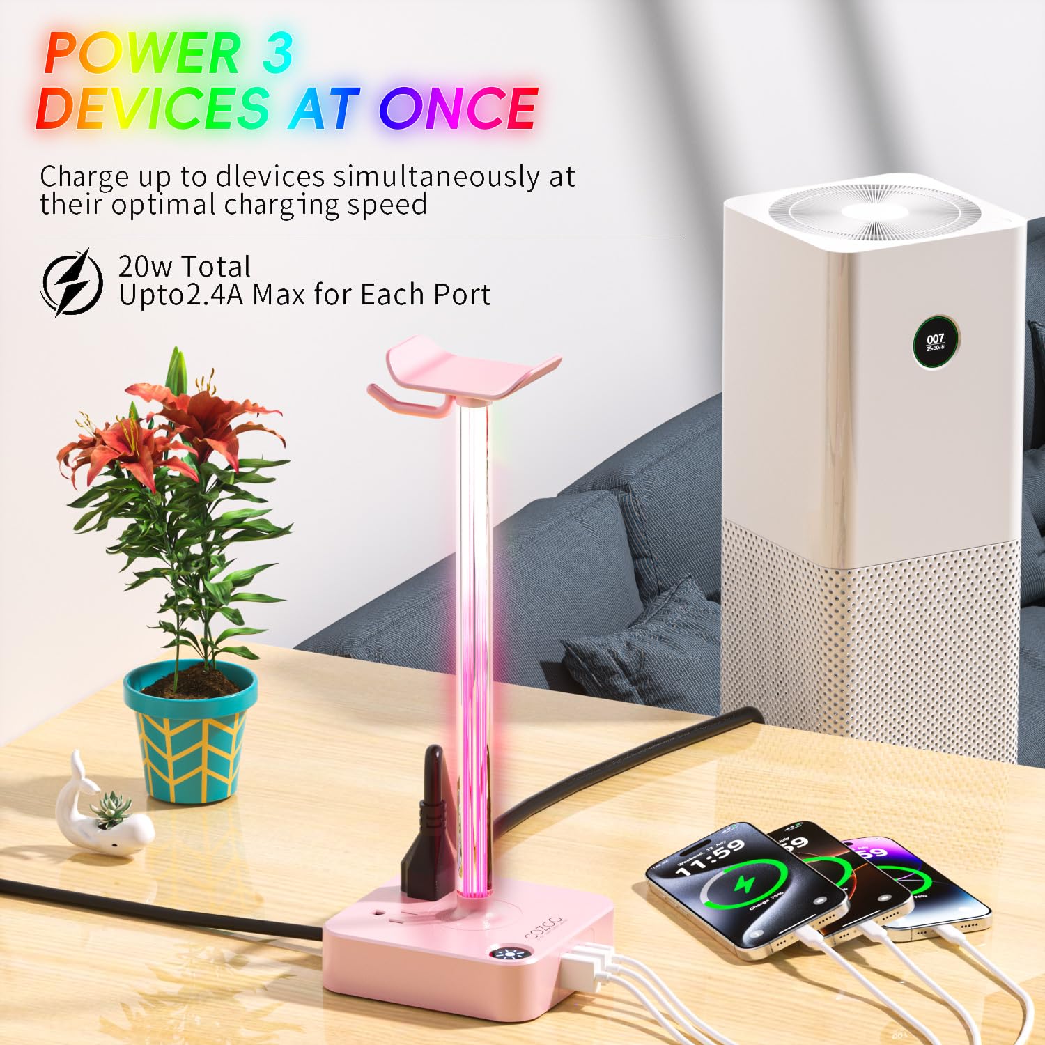 cozoo Regali per ragazze adolescenti carino rosa RGB cuffie stand e stazione di ricarica, 3 prese USB 2 AC – elegante supporto per cuffie da gioco, scrivania e sala giochi, regali di Natale per