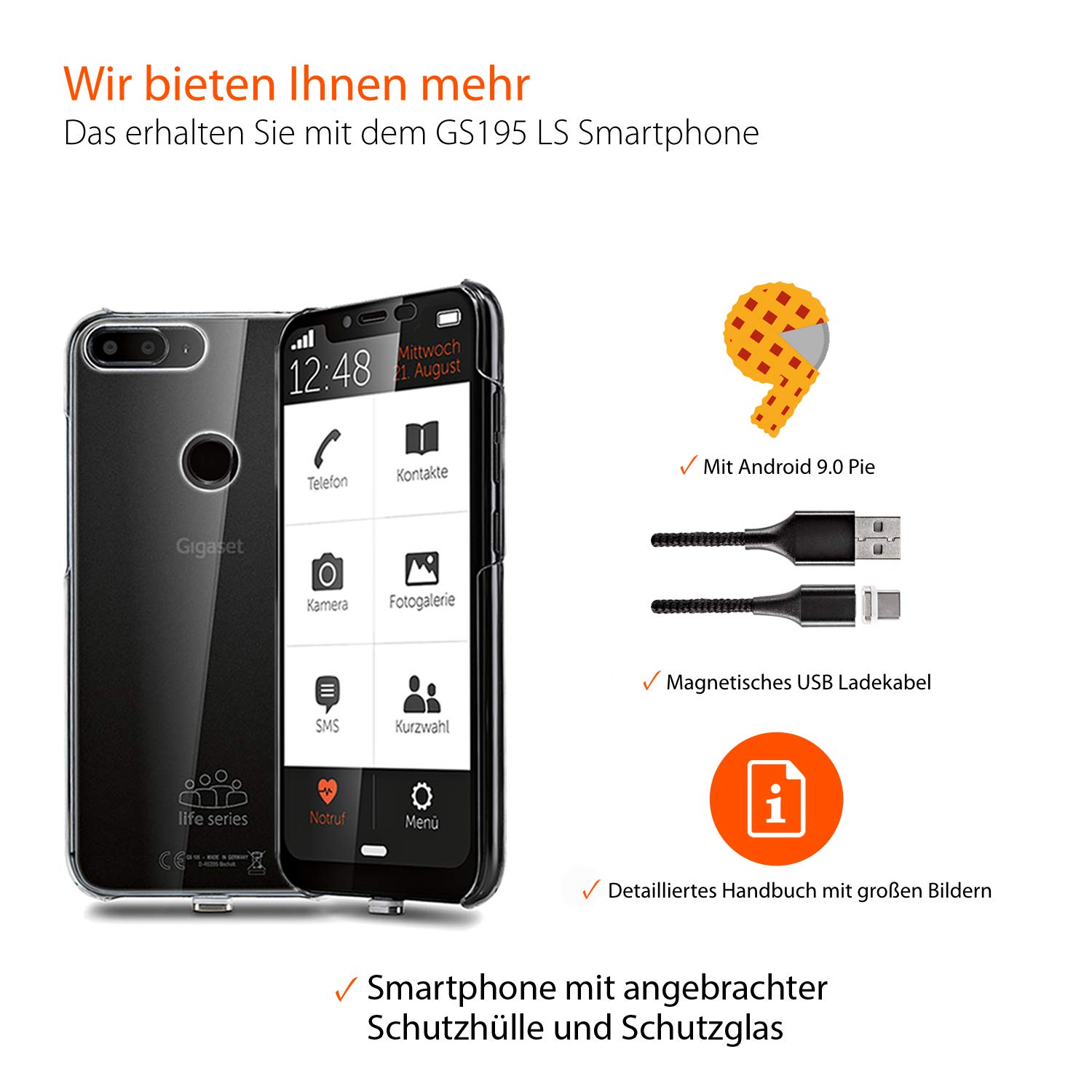 Gigaset GS195LS Smartphone für Senioren Made in Germany mit 3GB RAM ohne Vertrag – mit individuellem Startbildschirm, Notruffunktion, extra großer Ziffern- und Textanzeige, Titanium Grey