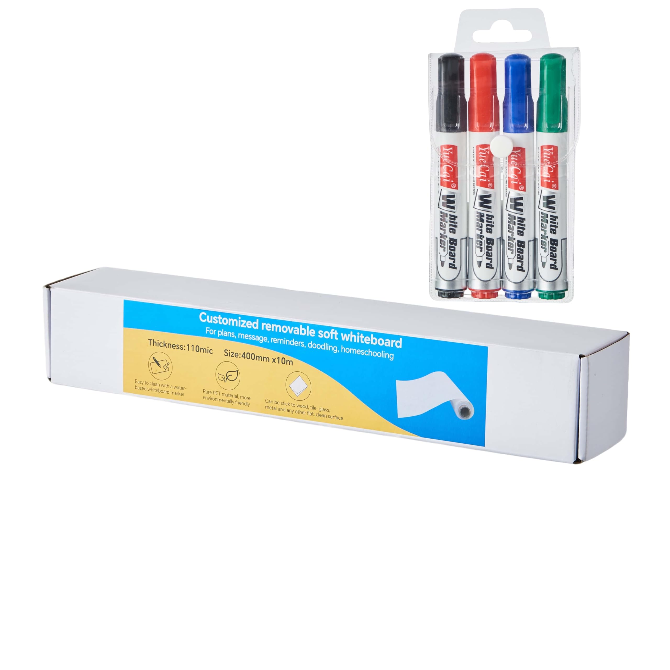 Self-Adhesive Whiteboard Roll 40cm x 10m with Built-in Cutter - Premium PET Dry Erase Sheet, Cut-to-Size, Peel & Stick, Non-Ghosting Surface for Walls, Wood, Tile, Glass & Metal - Reusable Whiteboard