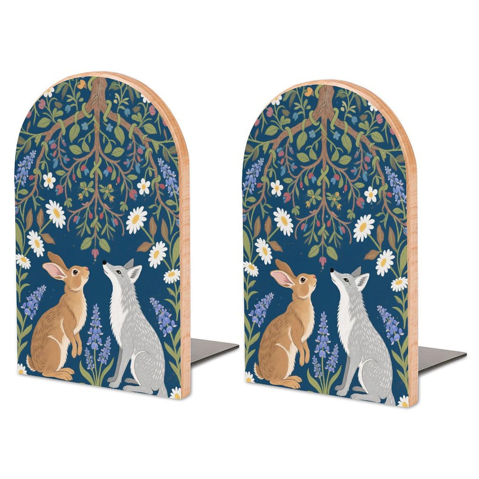 PLQWMR 2PCS Wood Bookends – William Morris Rabbit & Fox Print, Non-Slip Heavy Duty Book Ends for Shelves, Desk, Home Office, Library, Study Room Decoration
