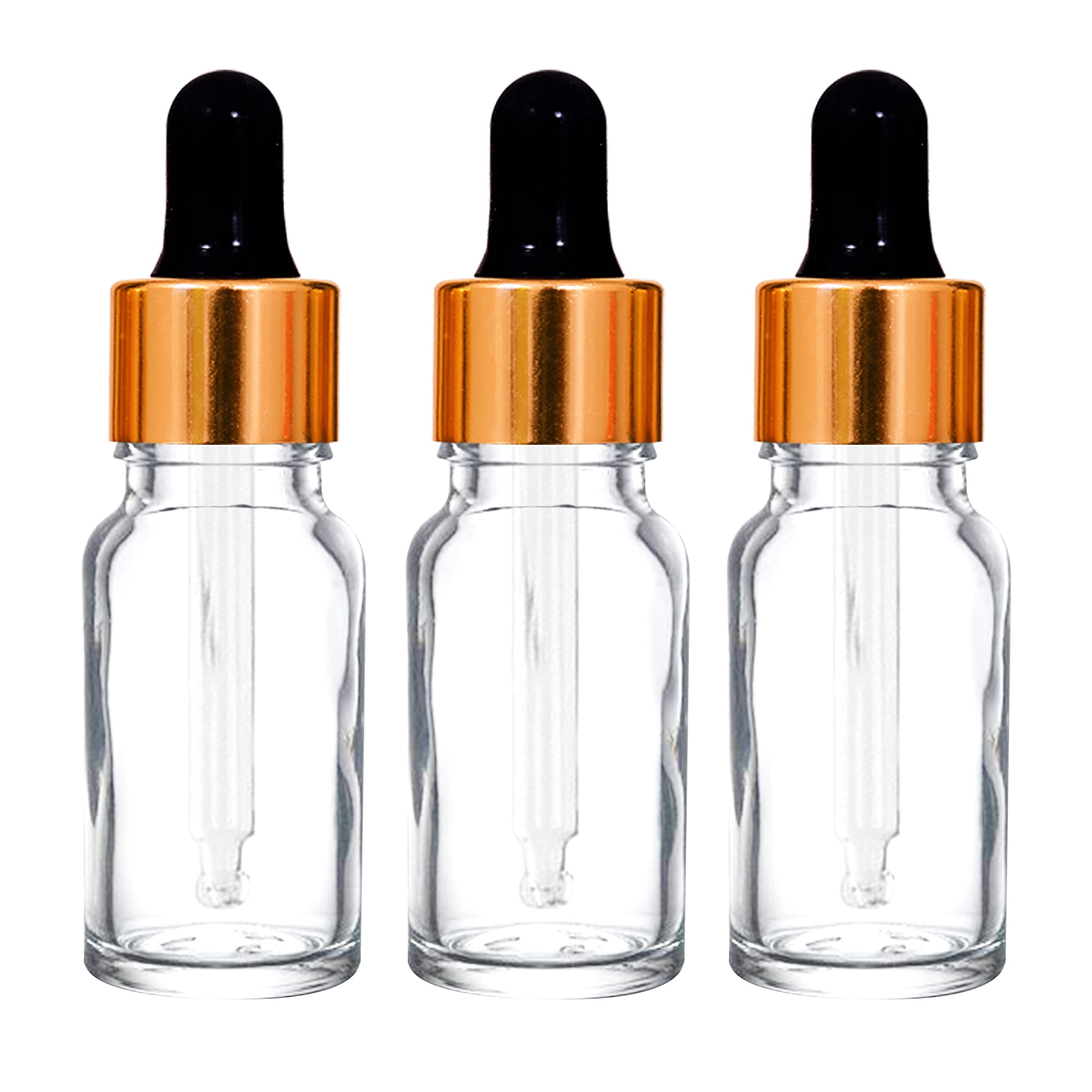 nsb herbals 10 ml Clear/Transparent Round Empty Glass Bottle/Glass Dropper/Golden Ring/Silicon Black Teat, Refillable, For Essential Oils, Perfumes (Pack Of 3)