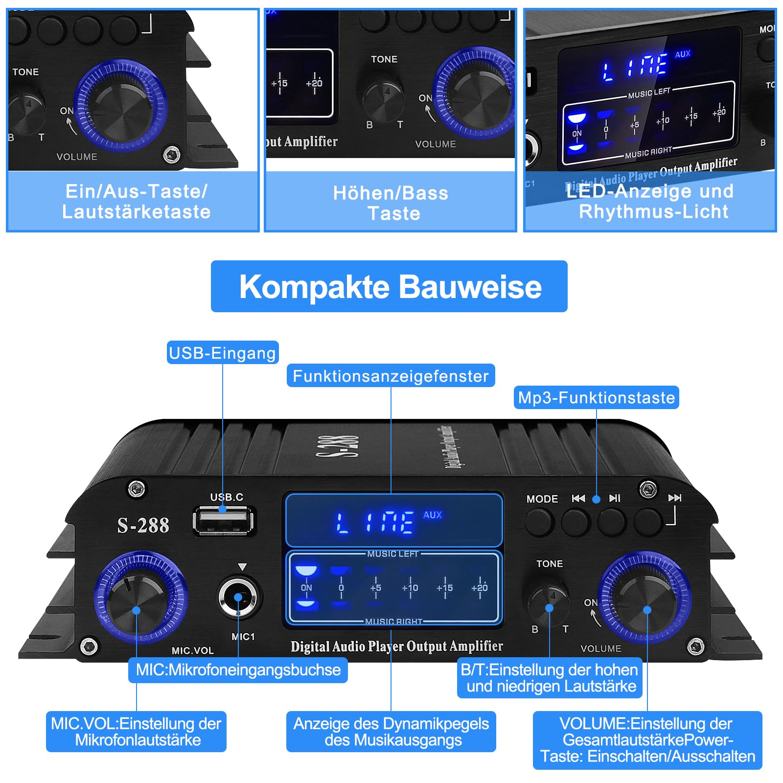 HiFi Amplifier,S-288 600W Home Audio Stereo Amplifier Mini Bluetooth Receiver 12V/220V 4-Channel Digital Power Amplifier,with LCD Screen,FM Radio ,BT,USB Input,Suitable for Home or Car Use