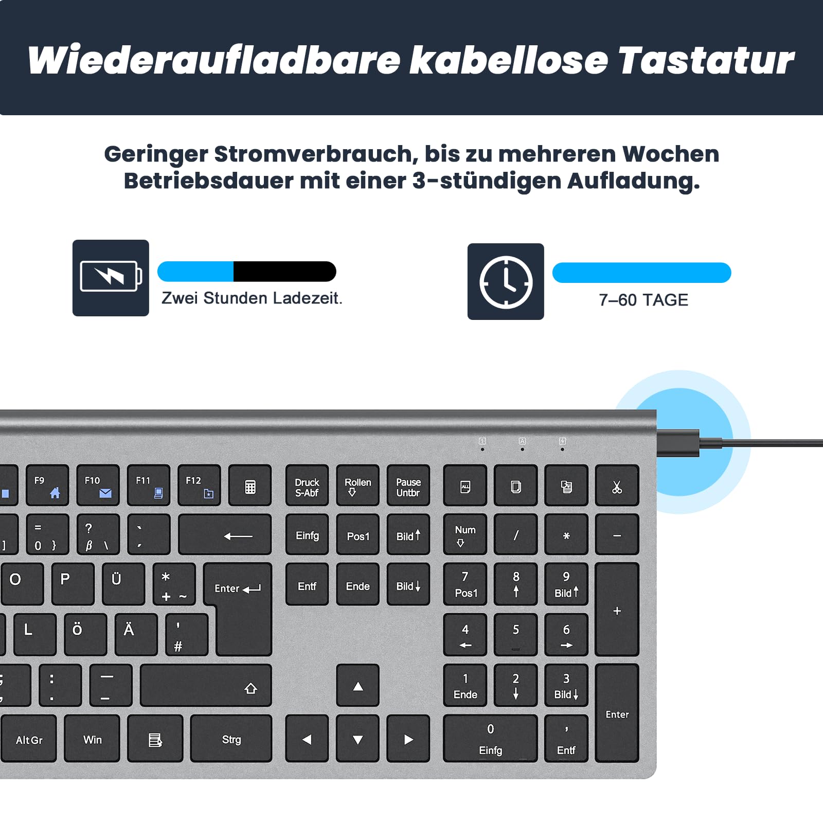 cimetech Tastatur Kabellos 2,4G Aufladbare Full Size Ultraslim Keyboard