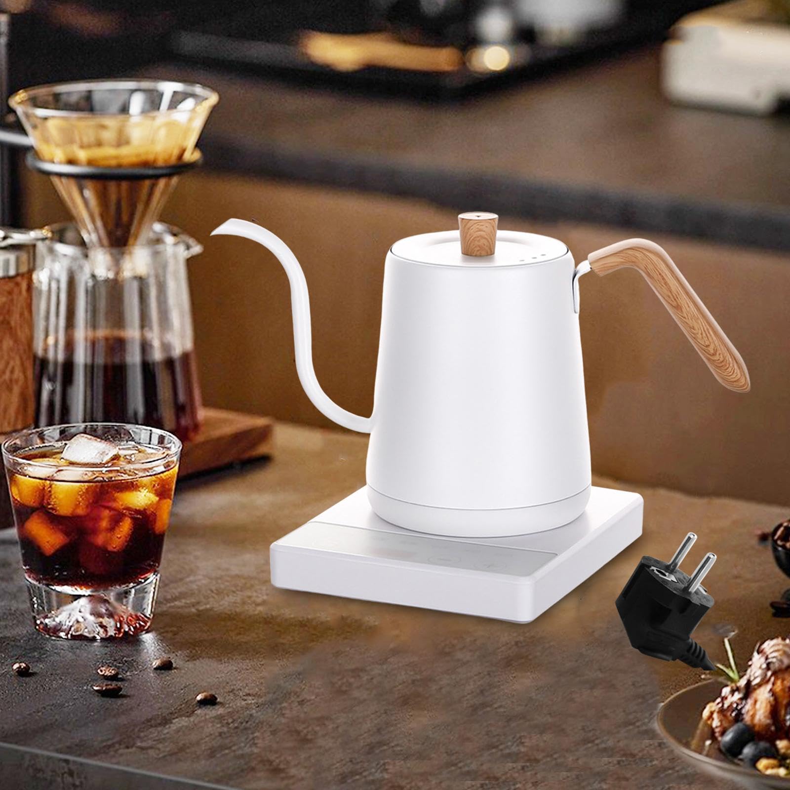 Hervidor Eléctrico de Cuello de Cisne, 1 Litro, Acero Inoxidable, Tetera Ligera para Café, Oficina, Exterior, Restaurante, Hogar- Blanco