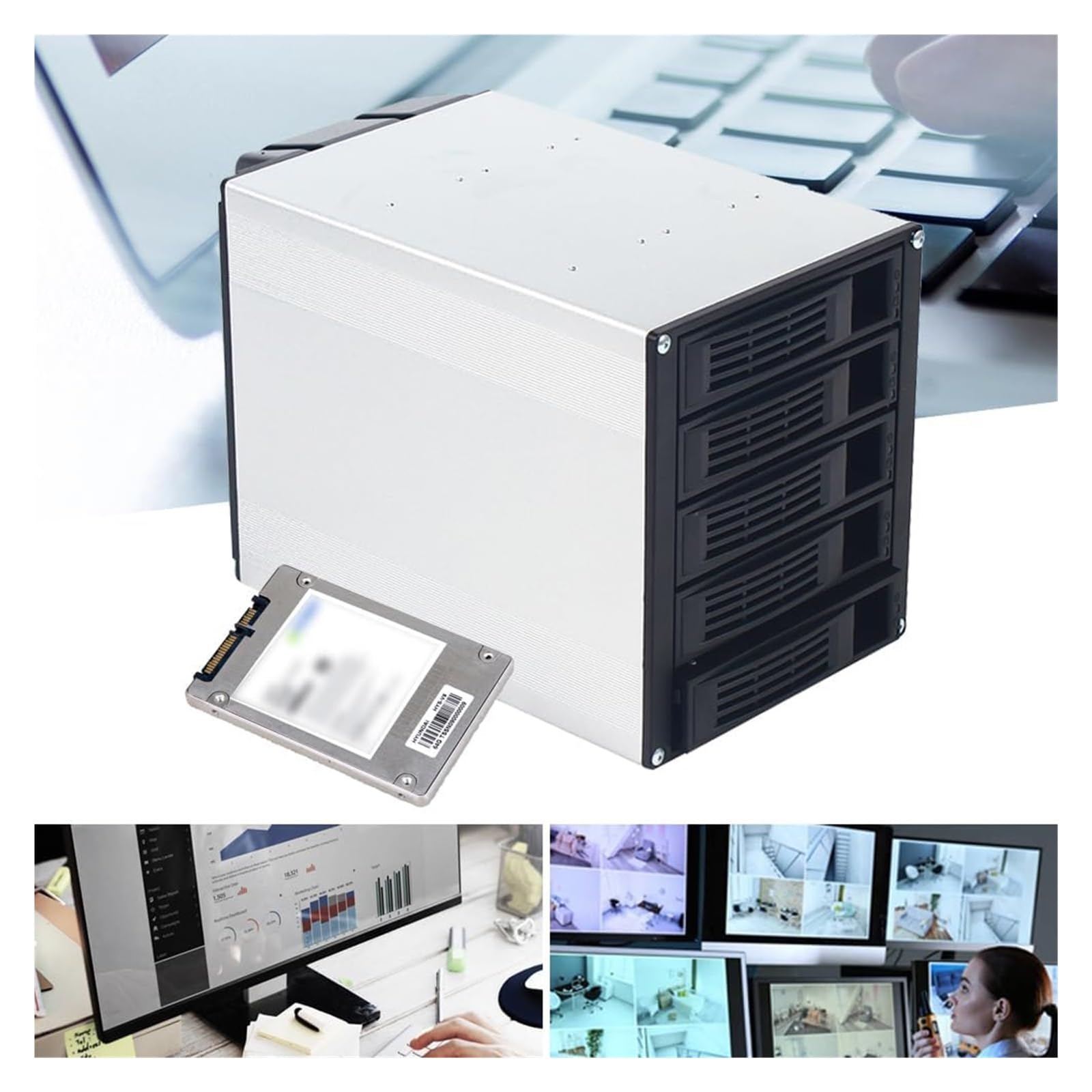 Custodia for disco rigido a 5 alloggiamenti, docking station verticale for disco rigido esterno SATA HDD SSD, supporto for custodia in lega di alluminio, adattatore di alimentazione