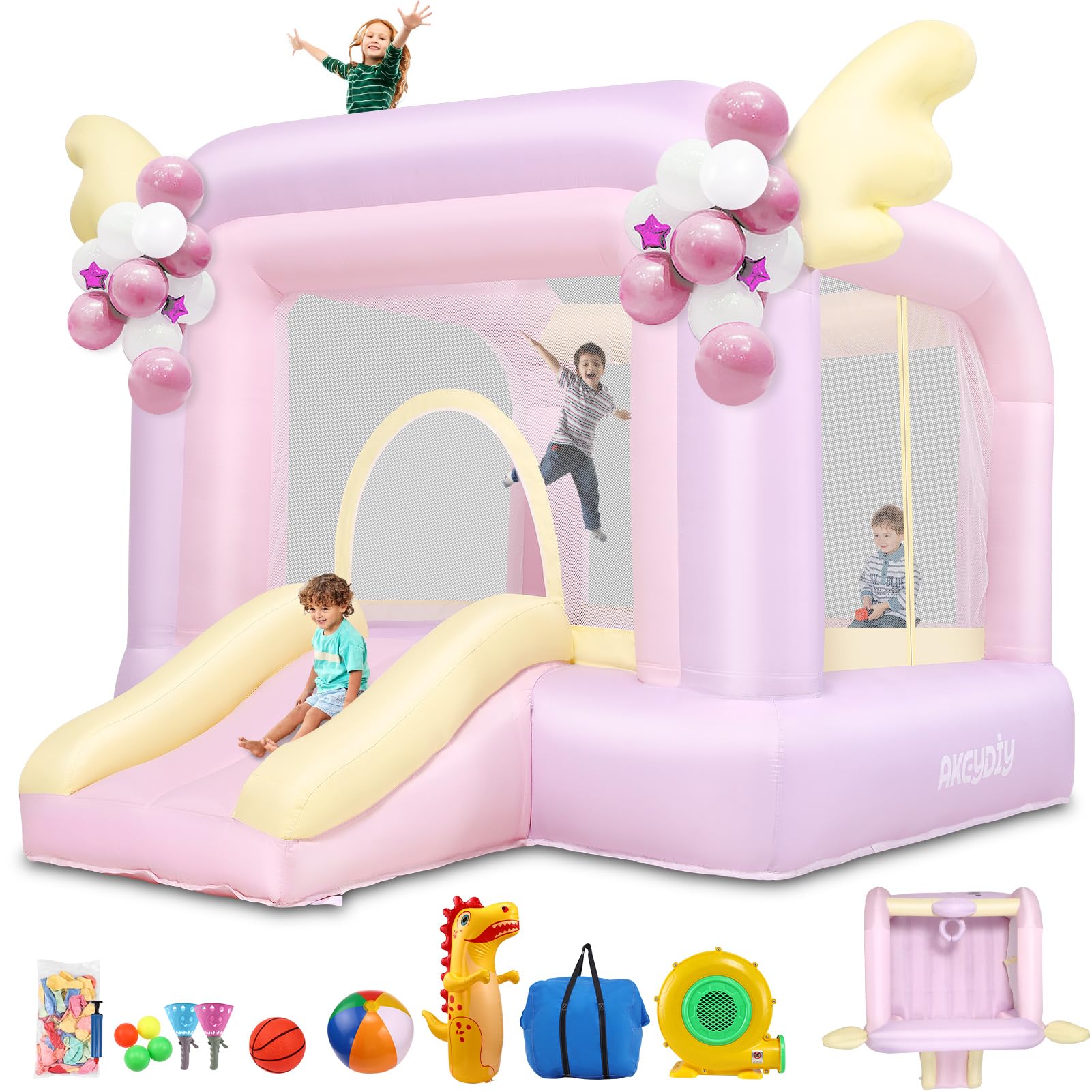 AKEYDIY Inflatable Bounce House for Kids, 106'' x 85'' x 80'' Macaron Jumping House with Slide, Balloons, Catch Ball Set, Punching Bag, Beach Ball, Basketball