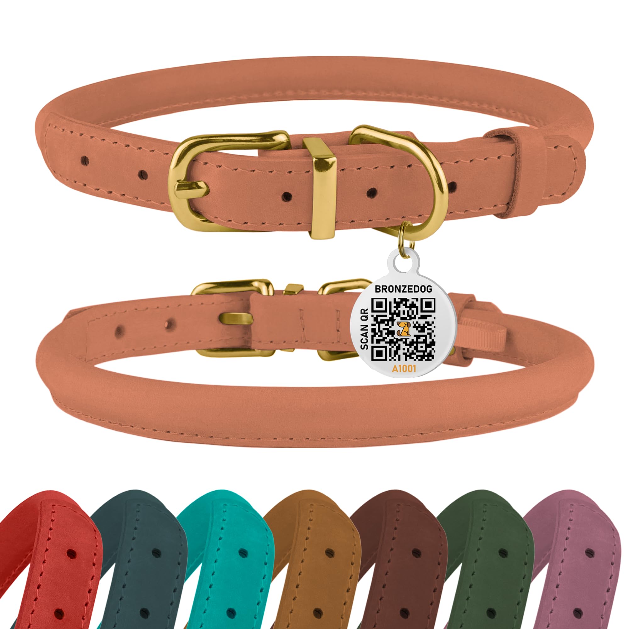 BronzeDog Rolled Leather Dog Collar with QR ID Tag, Adjustable Soft Round Collars for Small Medium Large Dogs Puppy (19" - 21" Neck Size, Peach)