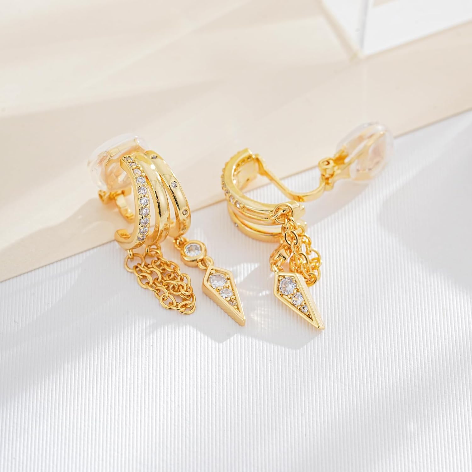 18K Gold Plated Dainty Gold Chain Earrings Dangle Layered Clip-On Huggie Earrings for Women Non-Piercing Edgy Trendy Jewelry - Image 7