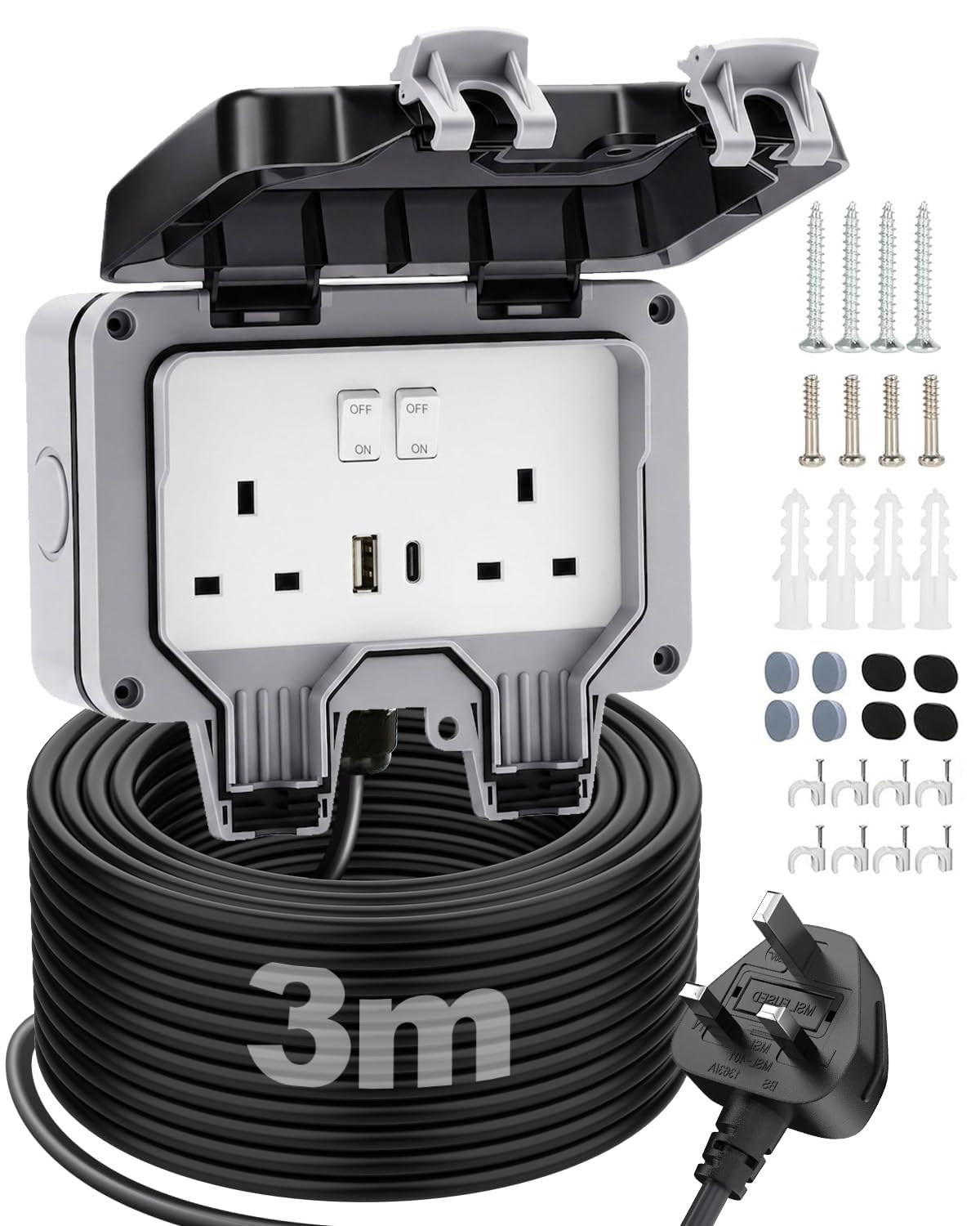 Außensteckdosen Wasserdicht 3M Outdoor Verlängerungskabel mit 2 USB Ports, IP66 Wetterfeste Steckdose