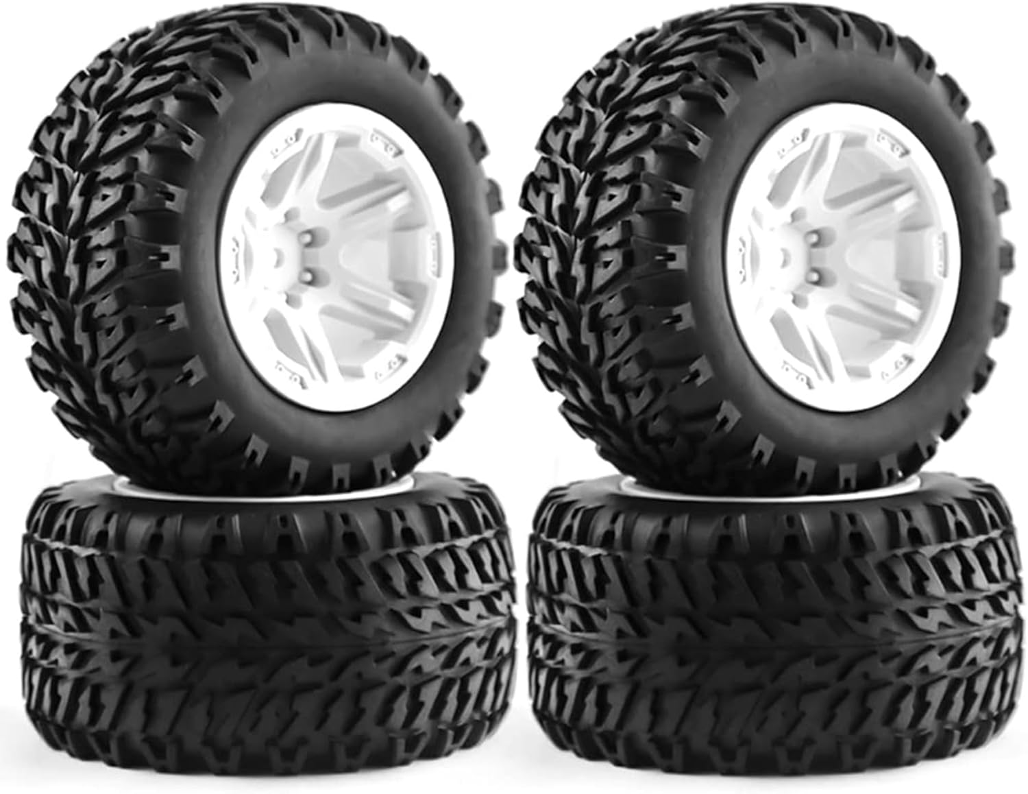 1/16 RC Off Road Truck Tires OD 104mm and Hard Plastic Wheels Rims 12mm Hex 1/10 Rubber Monster Tyres for 1:16 Scale Truck Car MJX Hyper Go H16 16207 16208 16209 16210 4PCS (White)