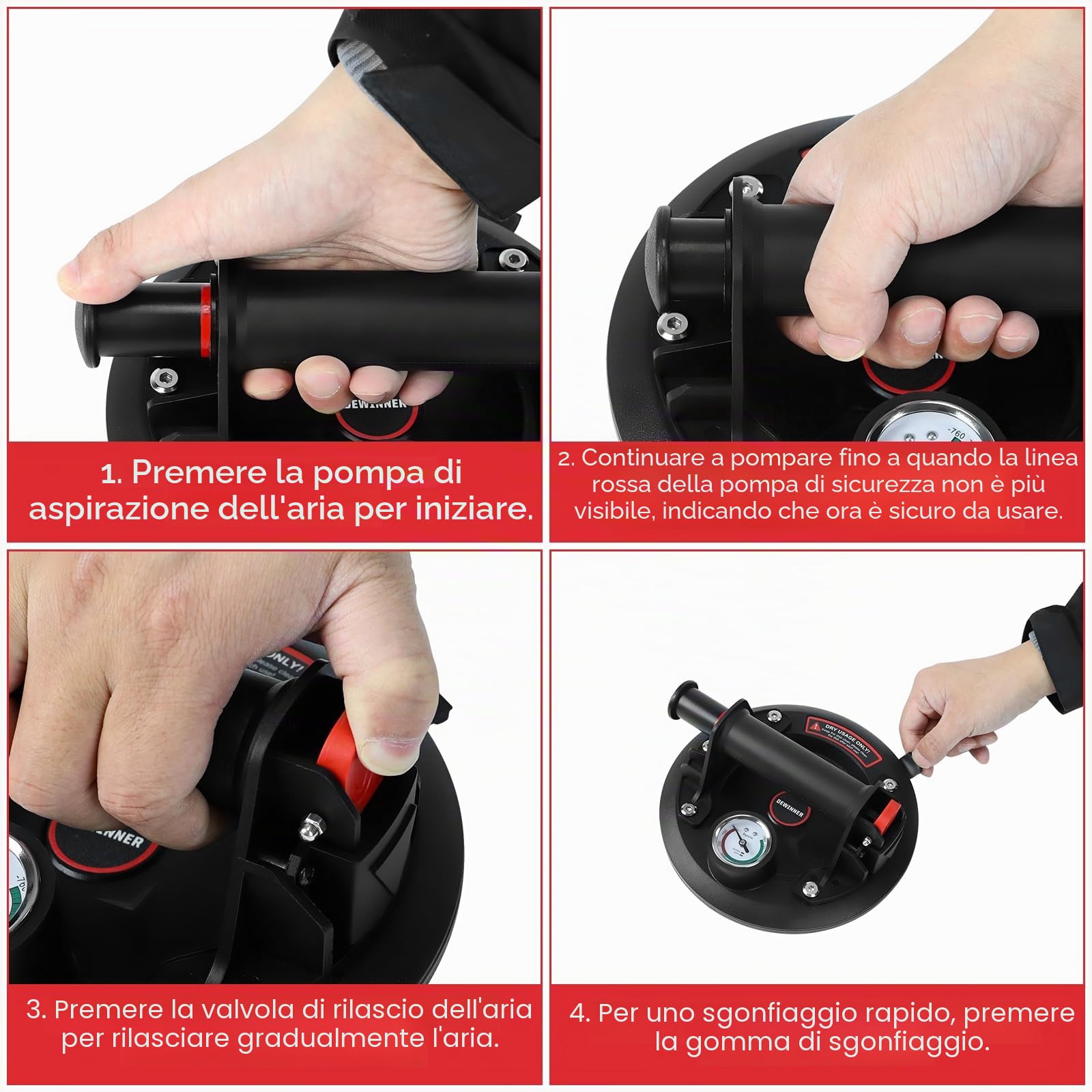 DEWINNER Ventosa sottovuoto con manometro, 2x Ventose per Vetro, Ventose per Piastrelle con Cassetta Attrezzi Portatile Portata 300kg, per il Sollevamento e la movimentazione di Materiali come Vetro