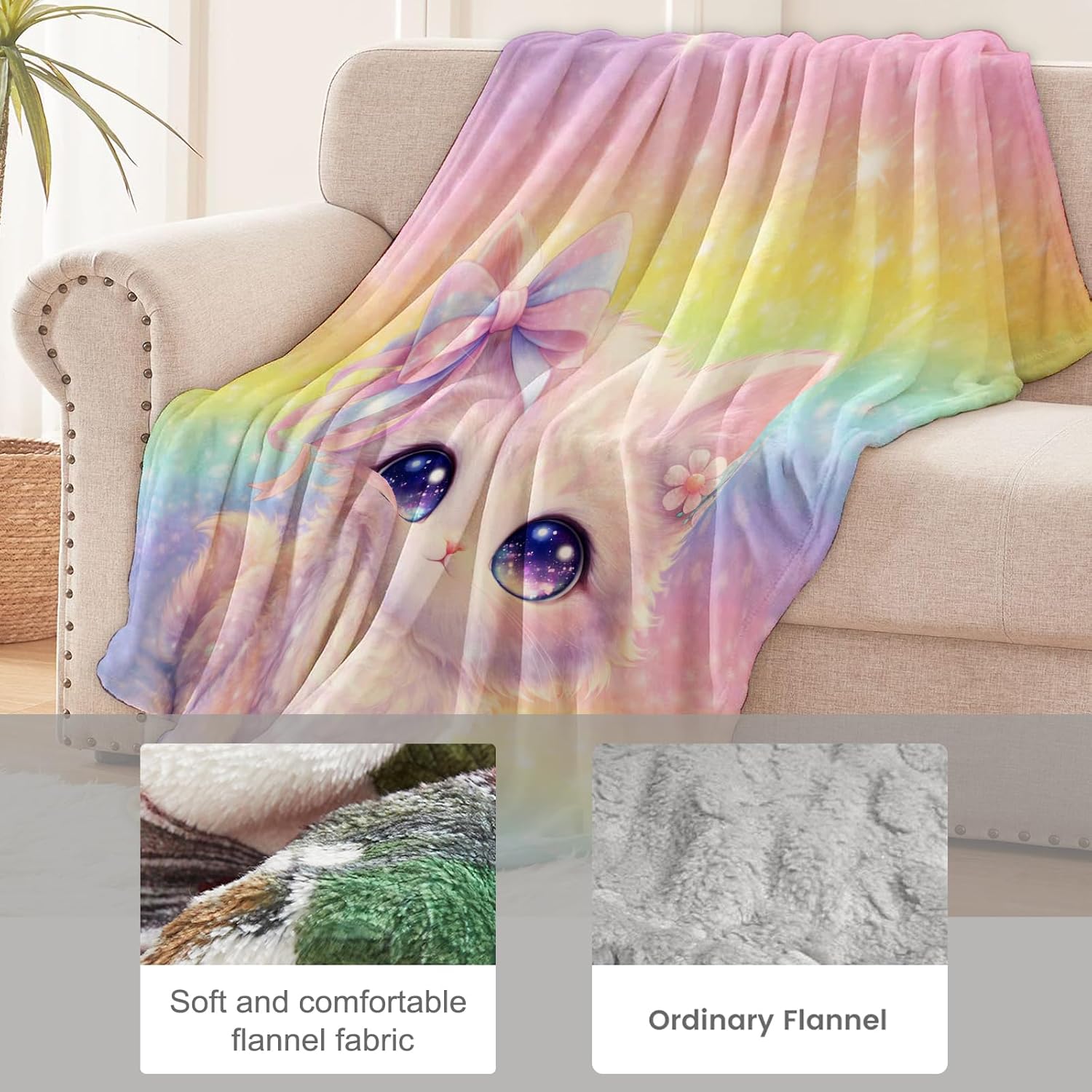 Cat Throw Blanket for Girls and Cat Lovers, Cute Rainbow Kitten Flannel Blankets, Kawaii Animal Gifts, Soft Warm Cozy Throws for Sofa Couch Bed Living Room Bedroom Home Decor 60" x 50"