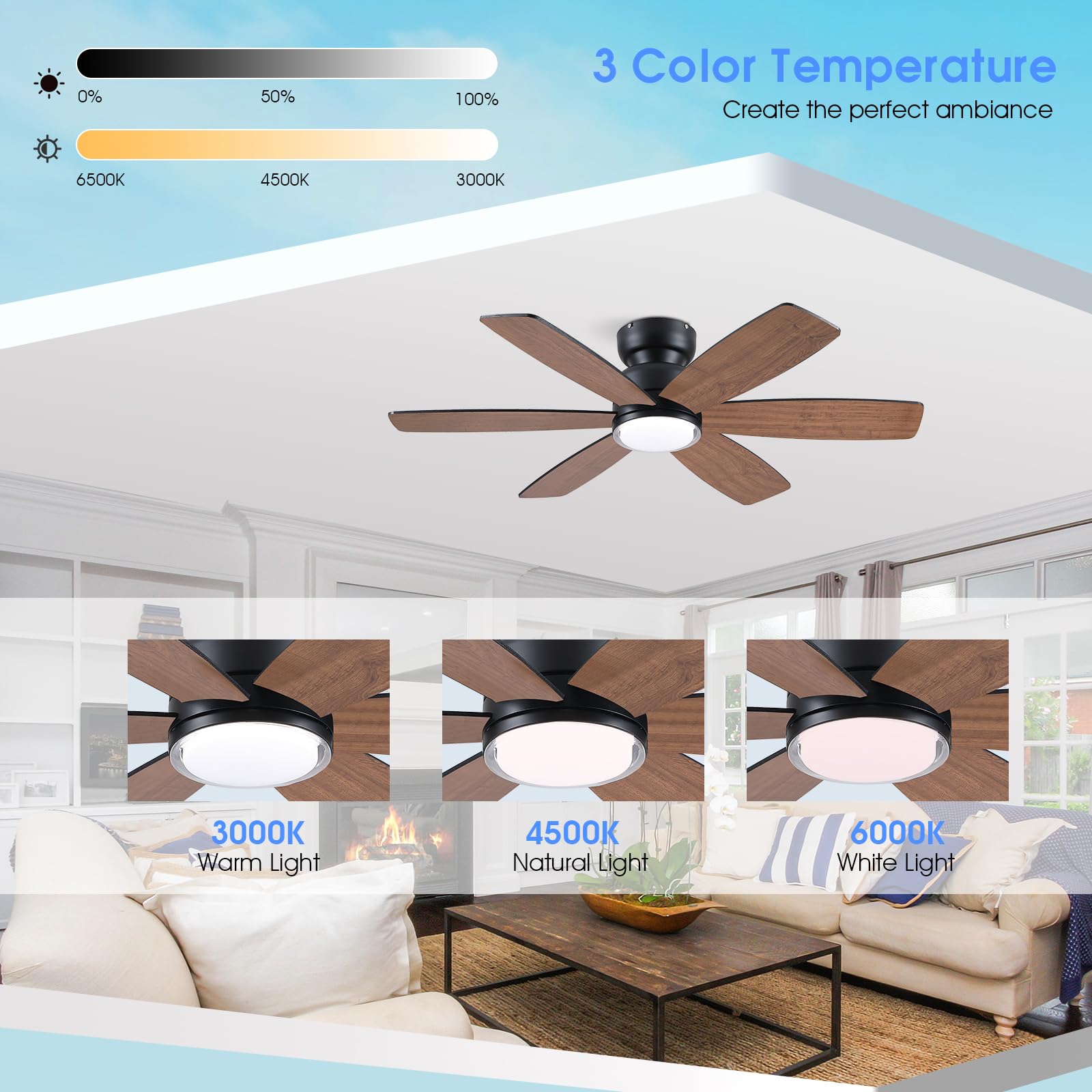 Kviflon 117 cm Landhaus-Deckenventilator mit Licht, Fernbedienung/APP-Steuerung, 6 umkehrbare Doppel-Seiten-Klingen, 3 CCT Dimmbar, Braun