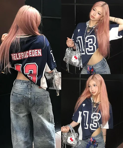 Aelfric Eden Jersey Shirts Color Blocking V-Neck Tee Oversized Vintage T Shirt Short Sleeve Casual Summer Tops