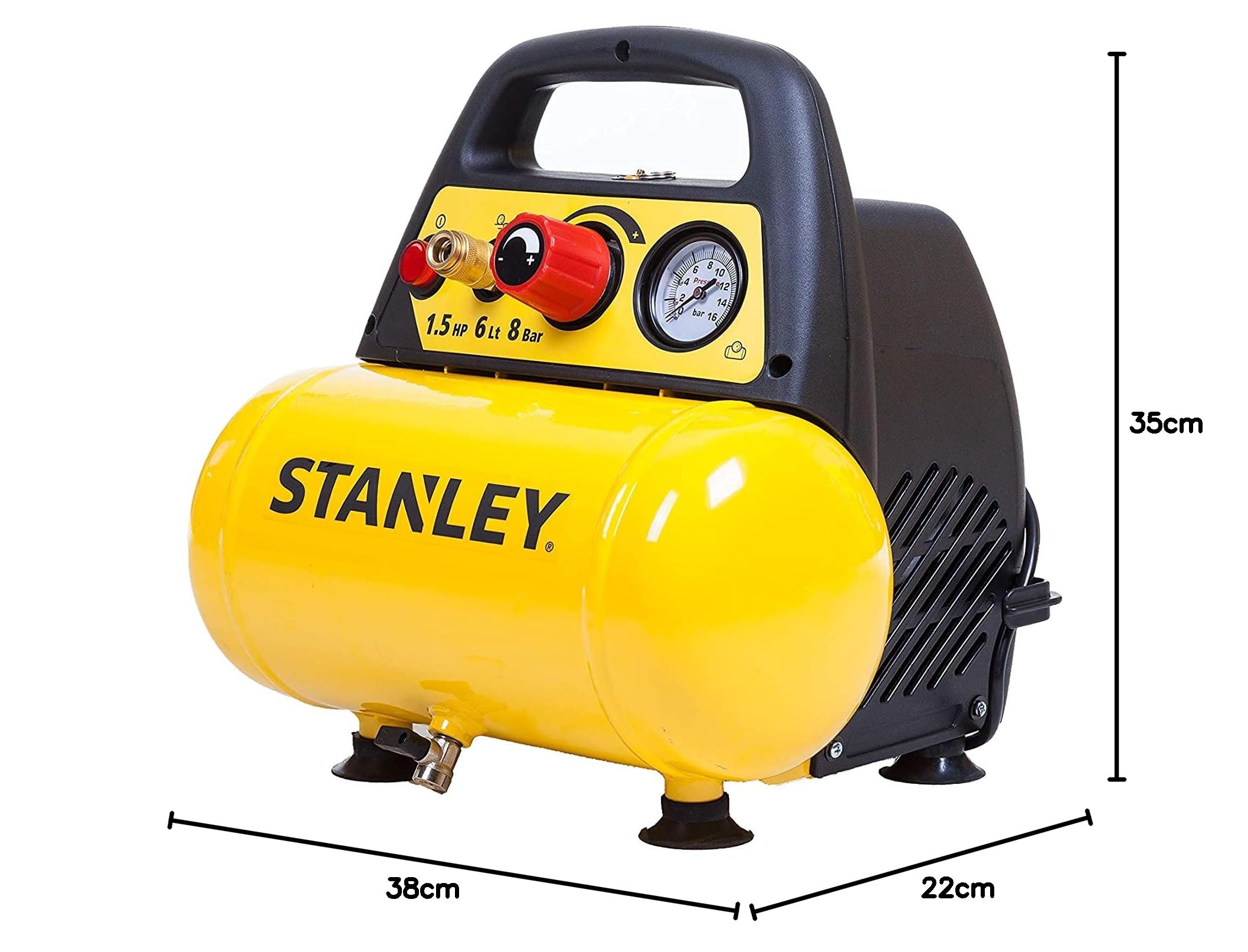 Stanley D 200 Compressore 6 Lt 1,5Hp, Pressione Max 8 Bar/116 Ps, Rumorosità 97 Db, ‎38 x 38 x 35 cm, 9 Kg & Kit 6 Pezzi Set per Aria Compressa - Kit