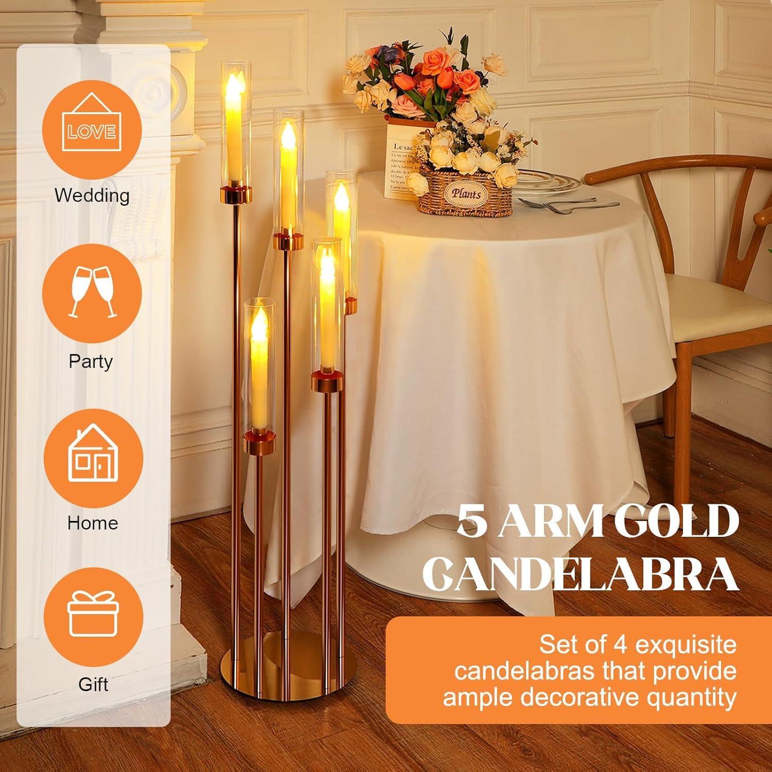 MYOYAY Set di 4 candelabri da pavimento a 5 bracci, alti 100 cm, centrotavola per tavoli, set di candelieri in metallo con paralume in acrilico, per feste di nozze, decorazione della casa (oro)